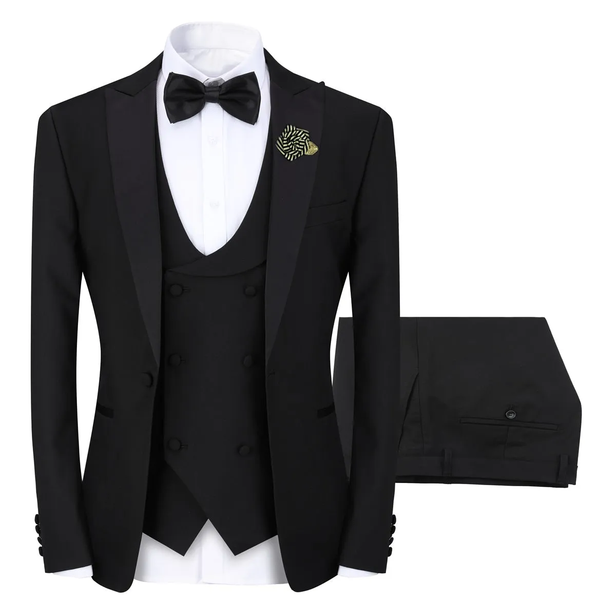 3 Piece Men's Suits One Button Slim Fit Peaked Lapel Tuxedo Black