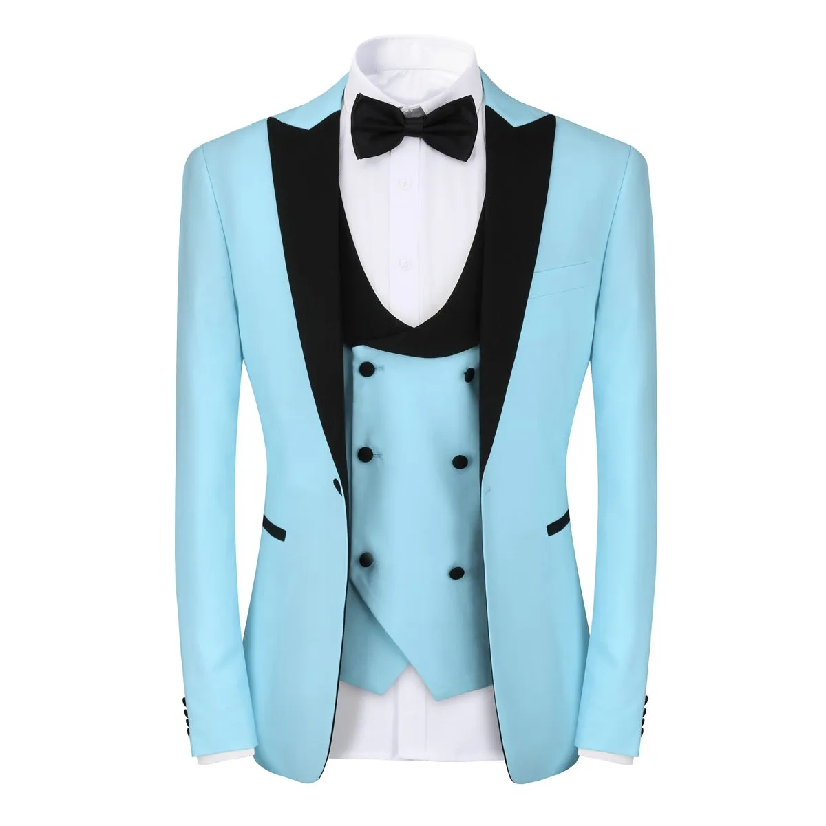 3 Piece Men's Suits One Button Slim Fit Peaked Lapel Tuxedo Light Blue