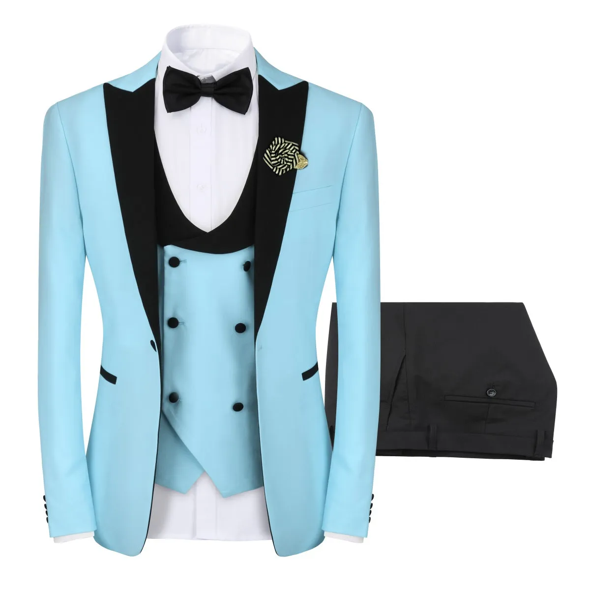 3 Piece Men's Suits One Button Slim Fit Peaked Lapel Tuxedo Light Blue