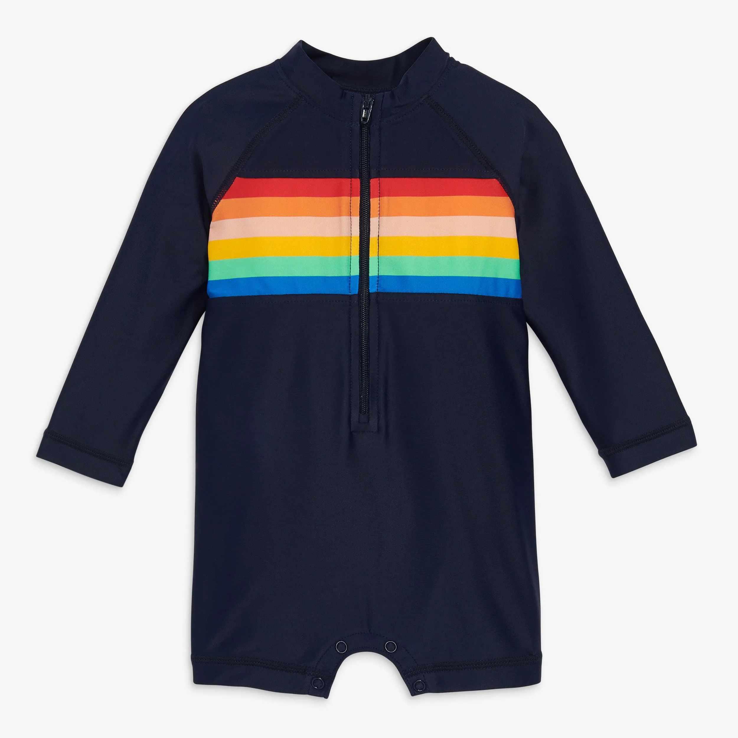 Baby one-piece rash guard in rainbow placed stripe