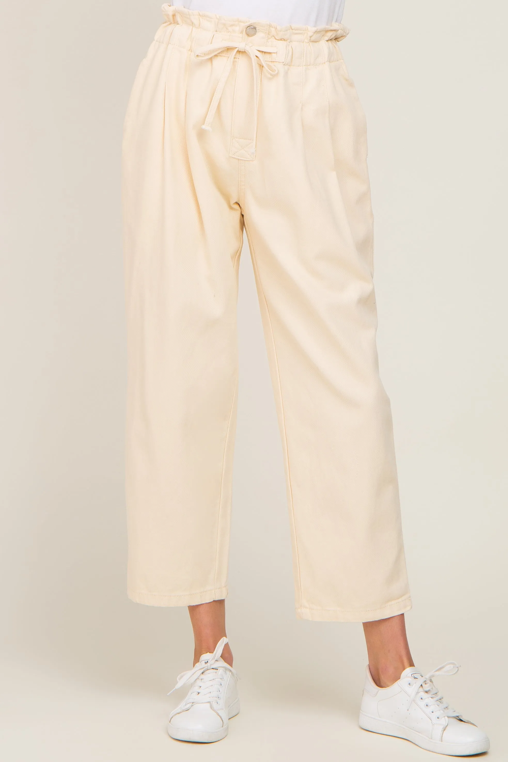 Beige Drawstring Pleated Denim Pants