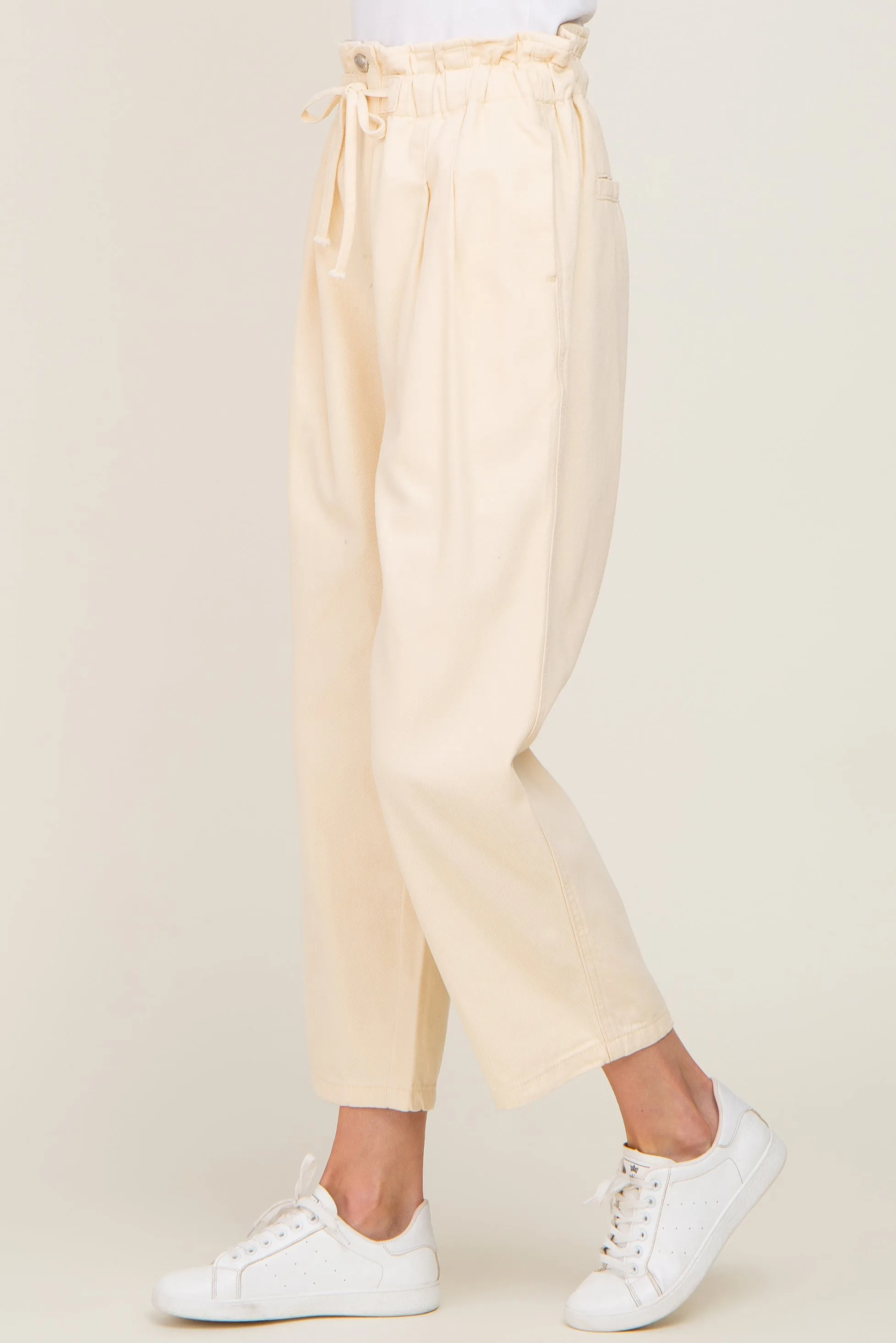 Beige Drawstring Pleated Denim Pants