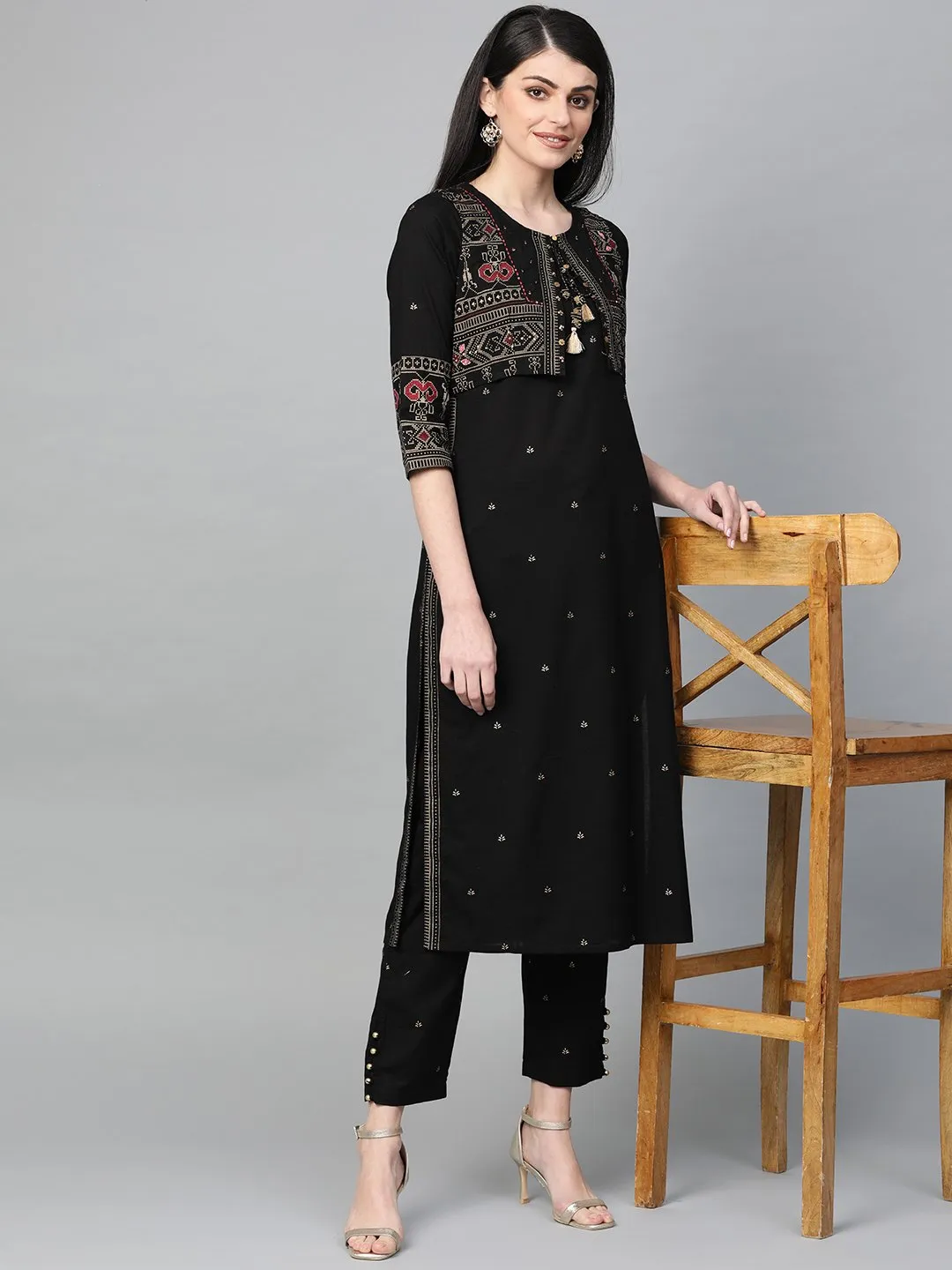 Black Embellished Kurta Set With Jacket