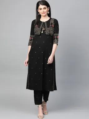 Black Embellished Kurta Set With Jacket