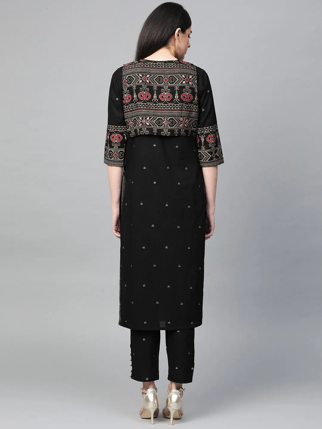 Black Embellished Kurta Set With Jacket