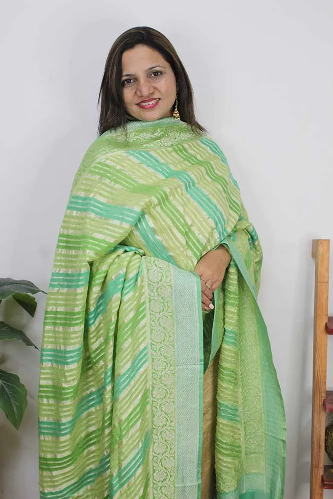 Blue And Green Handloom Banarasi Pure Georgette Brush Dye Dupatta