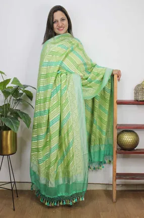 Blue And Green Handloom Banarasi Pure Georgette Brush Dye Dupatta