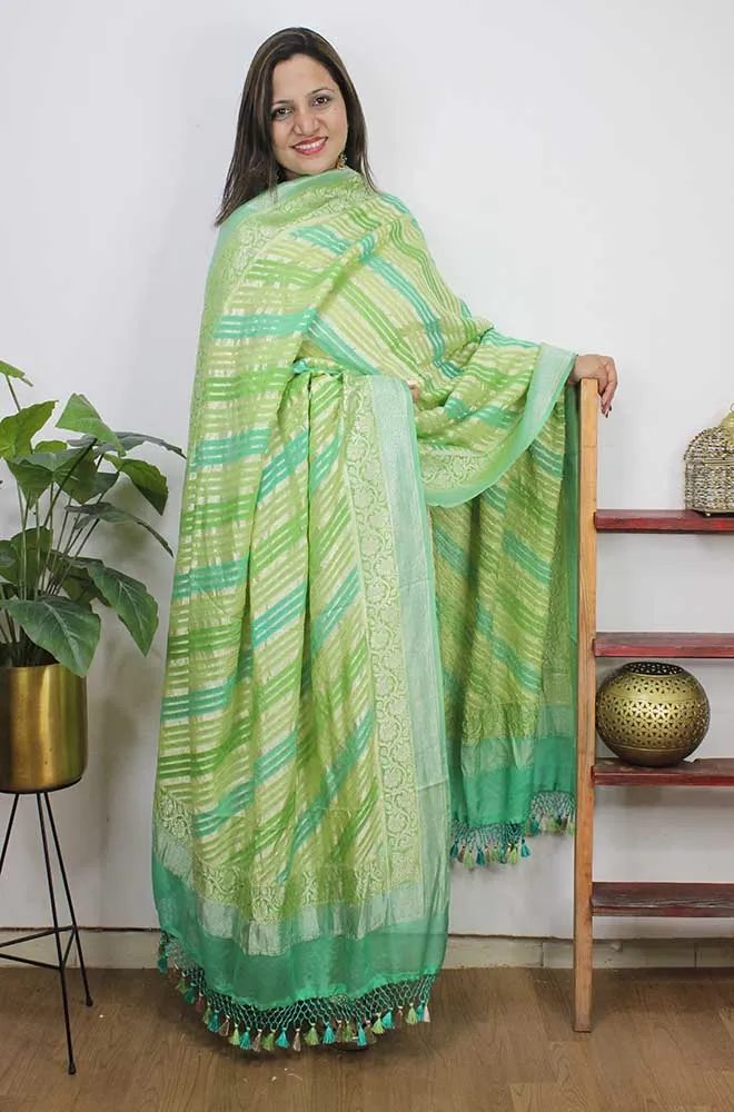 Blue And Green Handloom Banarasi Pure Georgette Brush Dye Dupatta