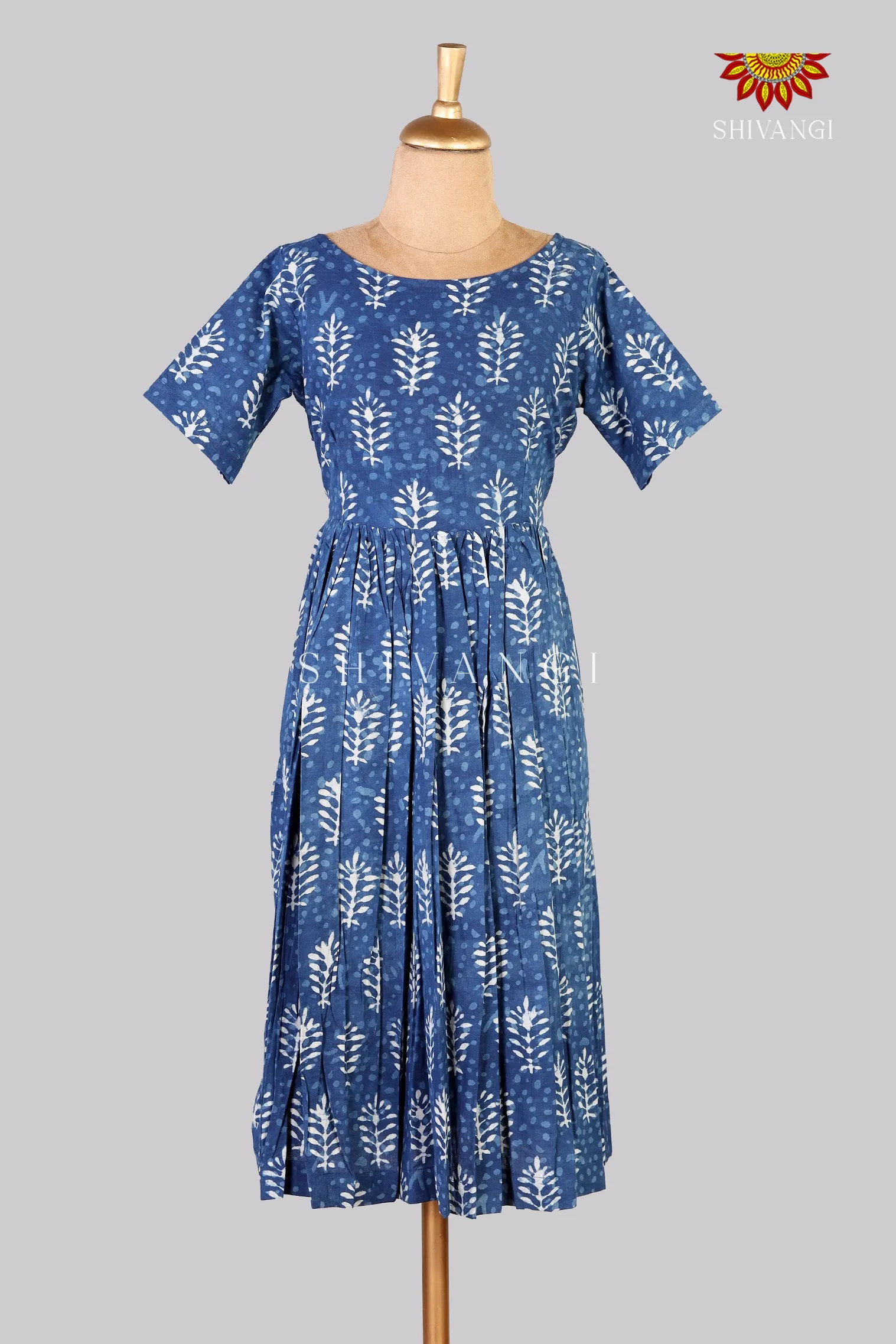 Blue Bagru Floral Frock For Kids