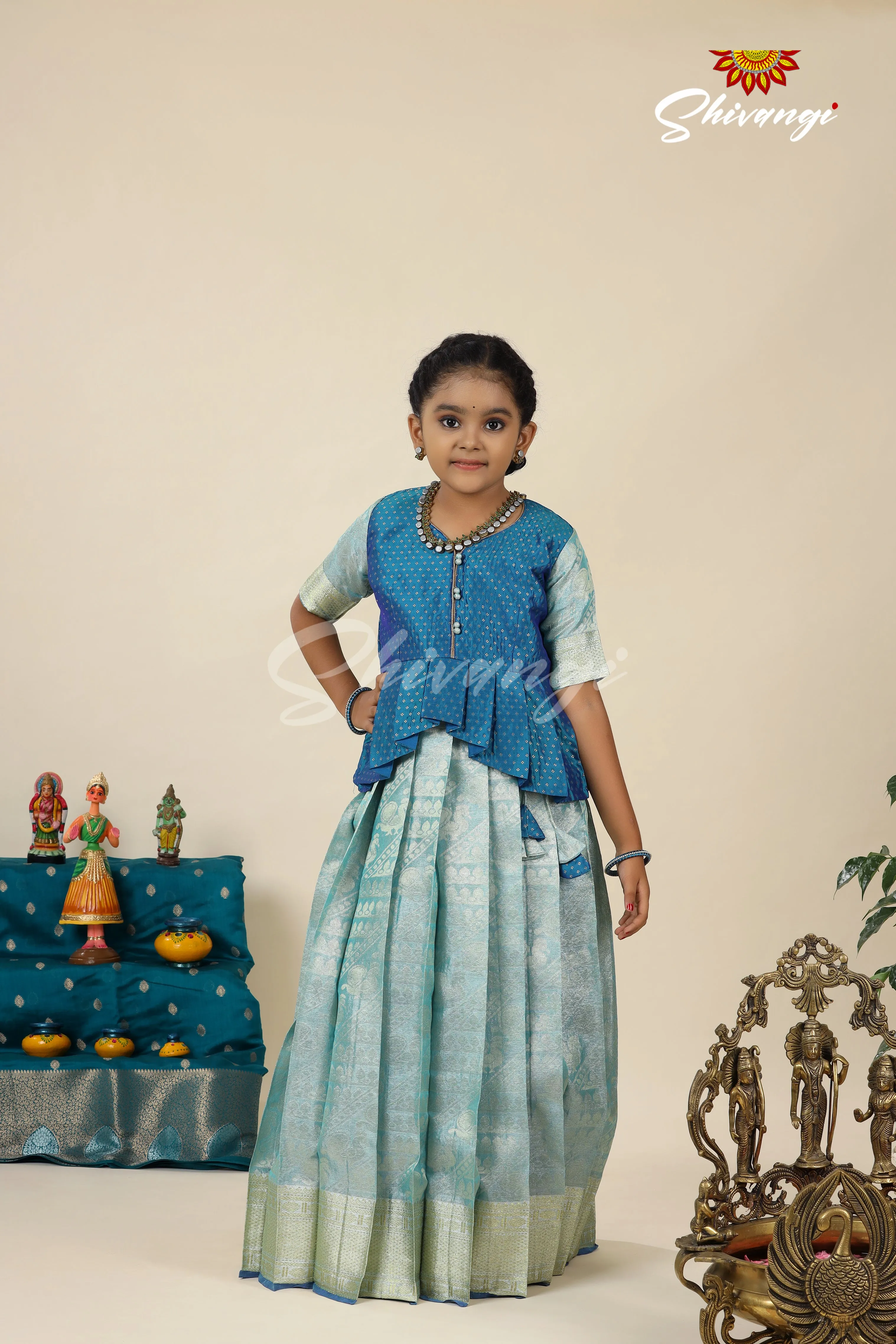 Blue Designer Tissue Silk Pavadai Set for Girls