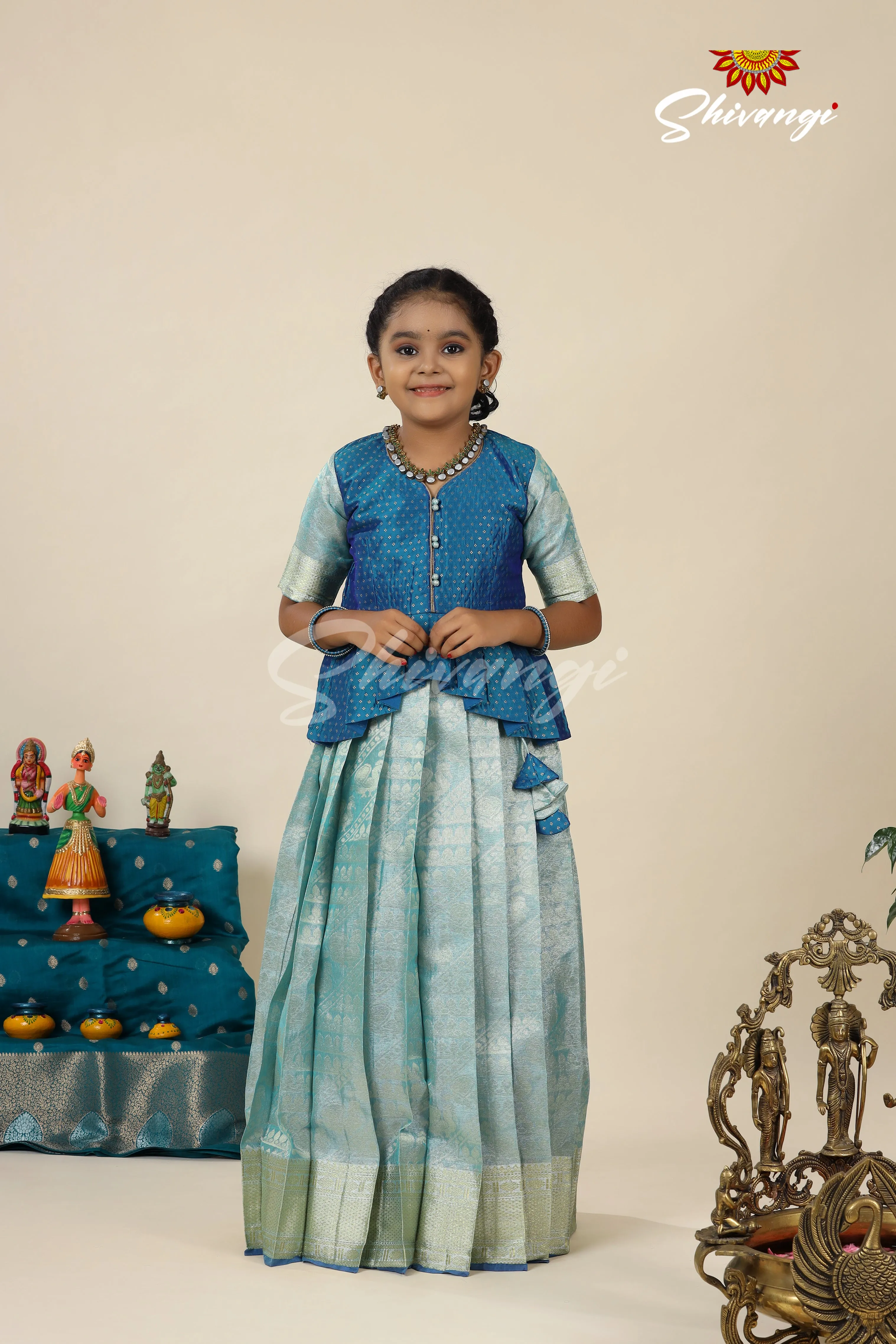 Blue Designer Tissue Silk Pavadai Set for Girls