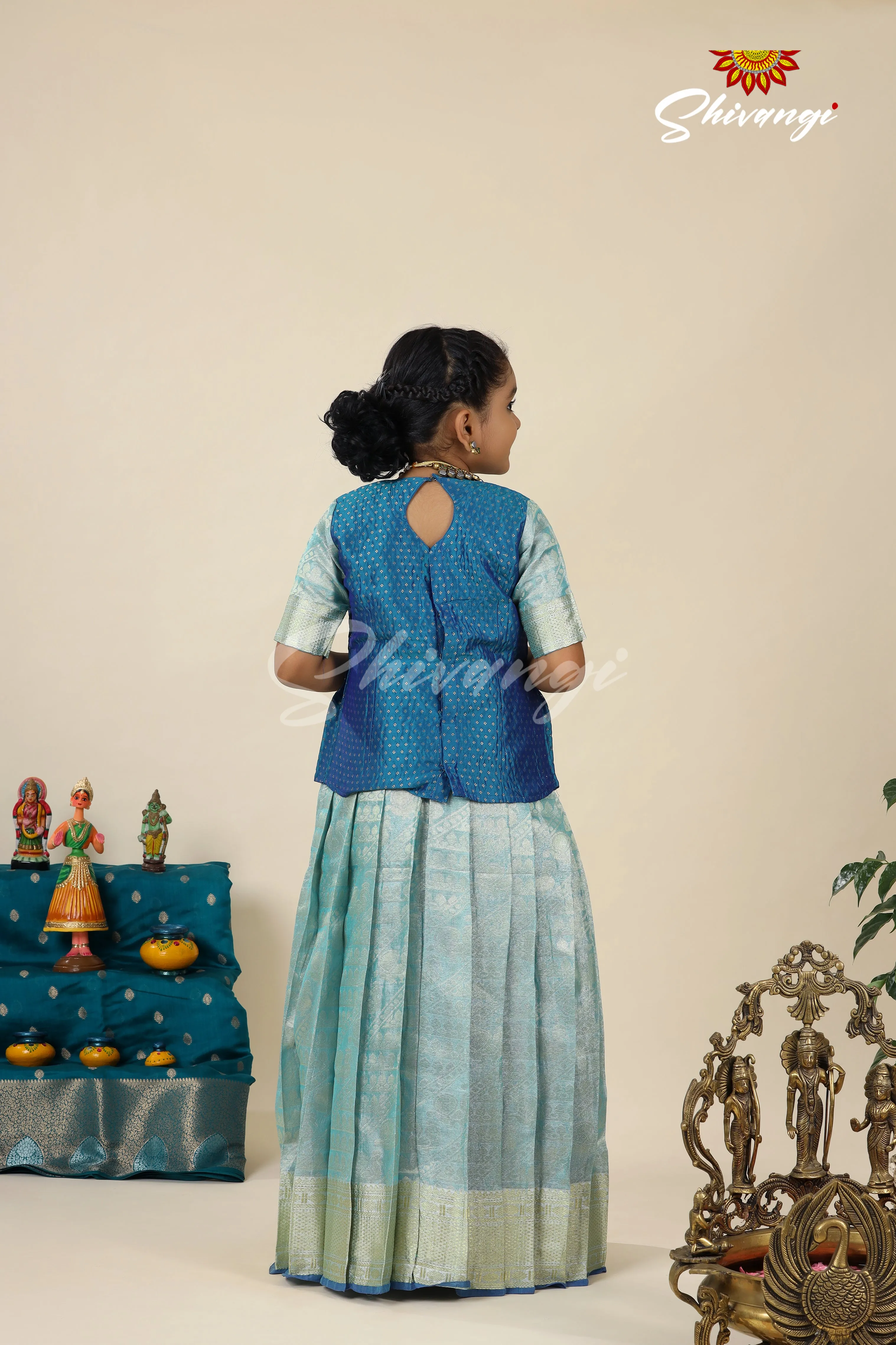 Blue Designer Tissue Silk Pavadai Set for Girls