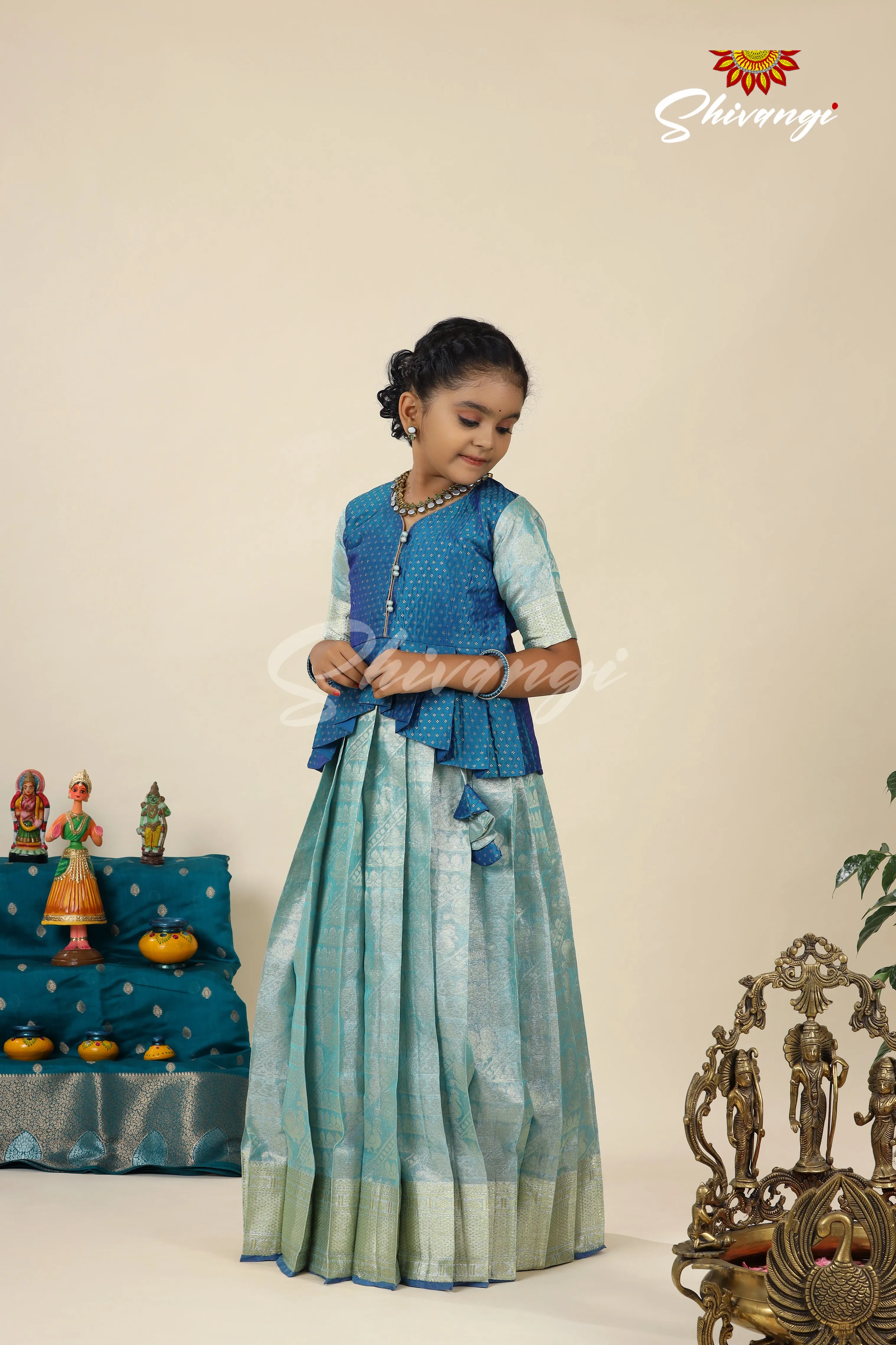 Blue Designer Tissue Silk Pavadai Set for Girls