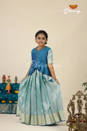 Blue Designer Tissue Silk Pavadai Set for Girls