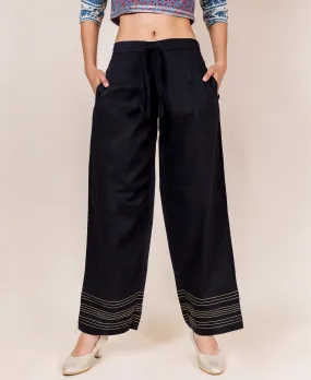 Cotton Embroidered Solid Black Palazzo Pants