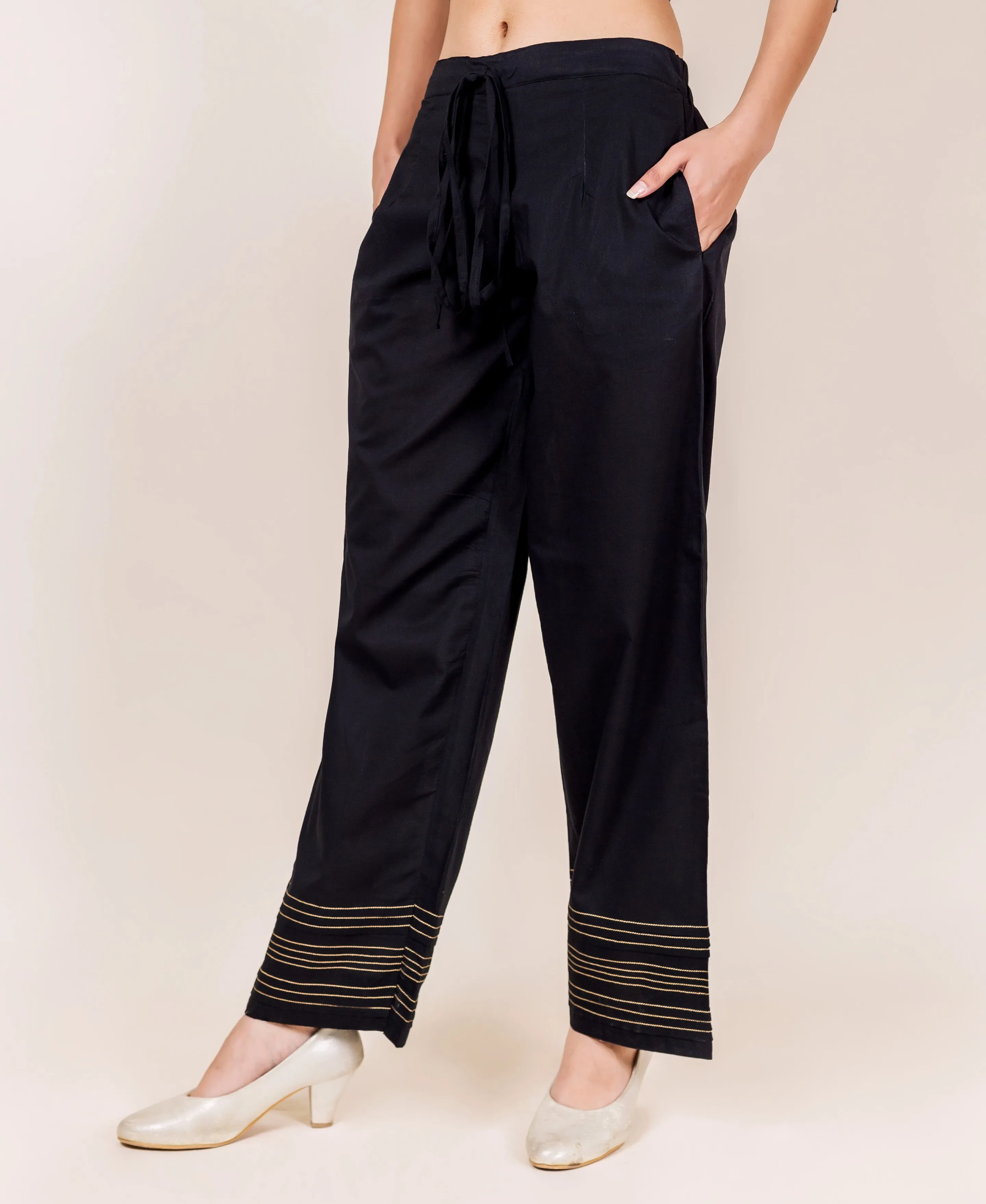 Cotton Embroidered Solid Black Palazzo Pants