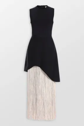 Crew Neck Asymmetric Hem Fringe Maxi Gown