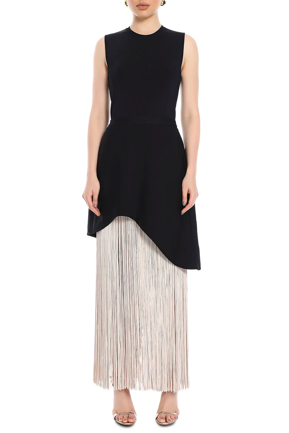 Crew Neck Asymmetric Hem Fringe Maxi Gown