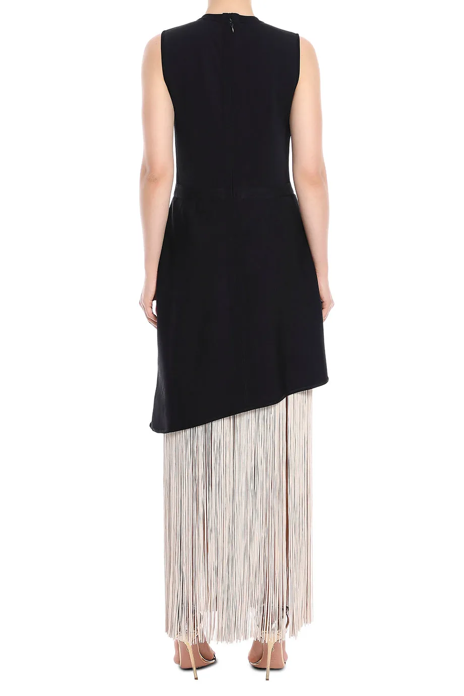 Crew Neck Asymmetric Hem Fringe Maxi Gown