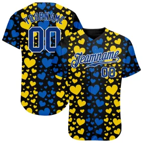 Custom 3D Pattern Design Hearts Painted In The Colors Of The Ukrainian Flag Authentic Baseball Jersey