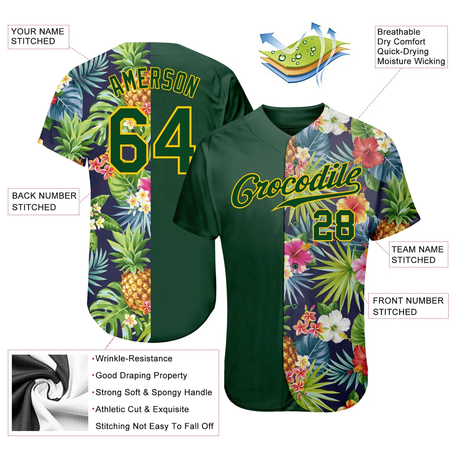 Custom 3D Pattern Design Tropical Pattern With Pineapples Palm Leaves And Flowers Authentic Baseball Jersey