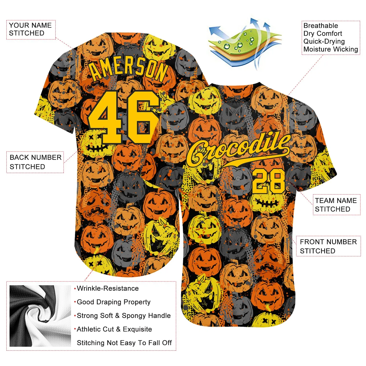 Custom 3D Pattern Halloween Pumpkins Authentic Baseball Jersey