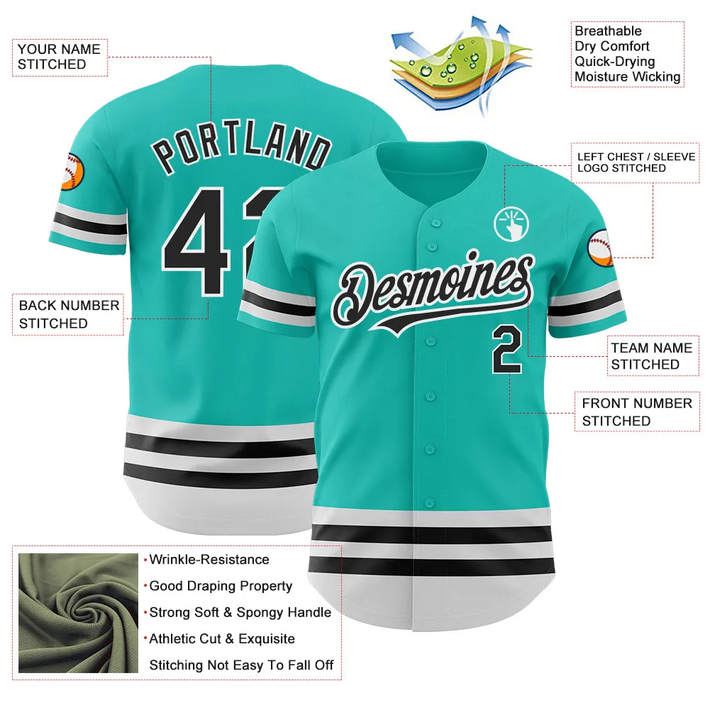 Custom Aqua Black-White Line Authentic Baseball Jersey