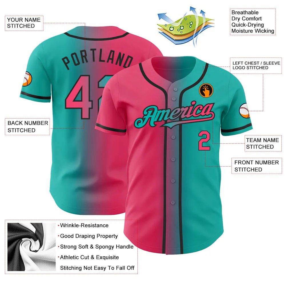 Custom Aqua Neon Pink-Black Authentic Gradient Fashion Baseball Jersey