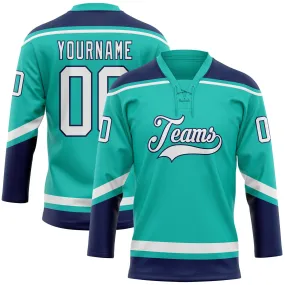 Custom Aqua White-Navy Hockey Lace Neck Jersey