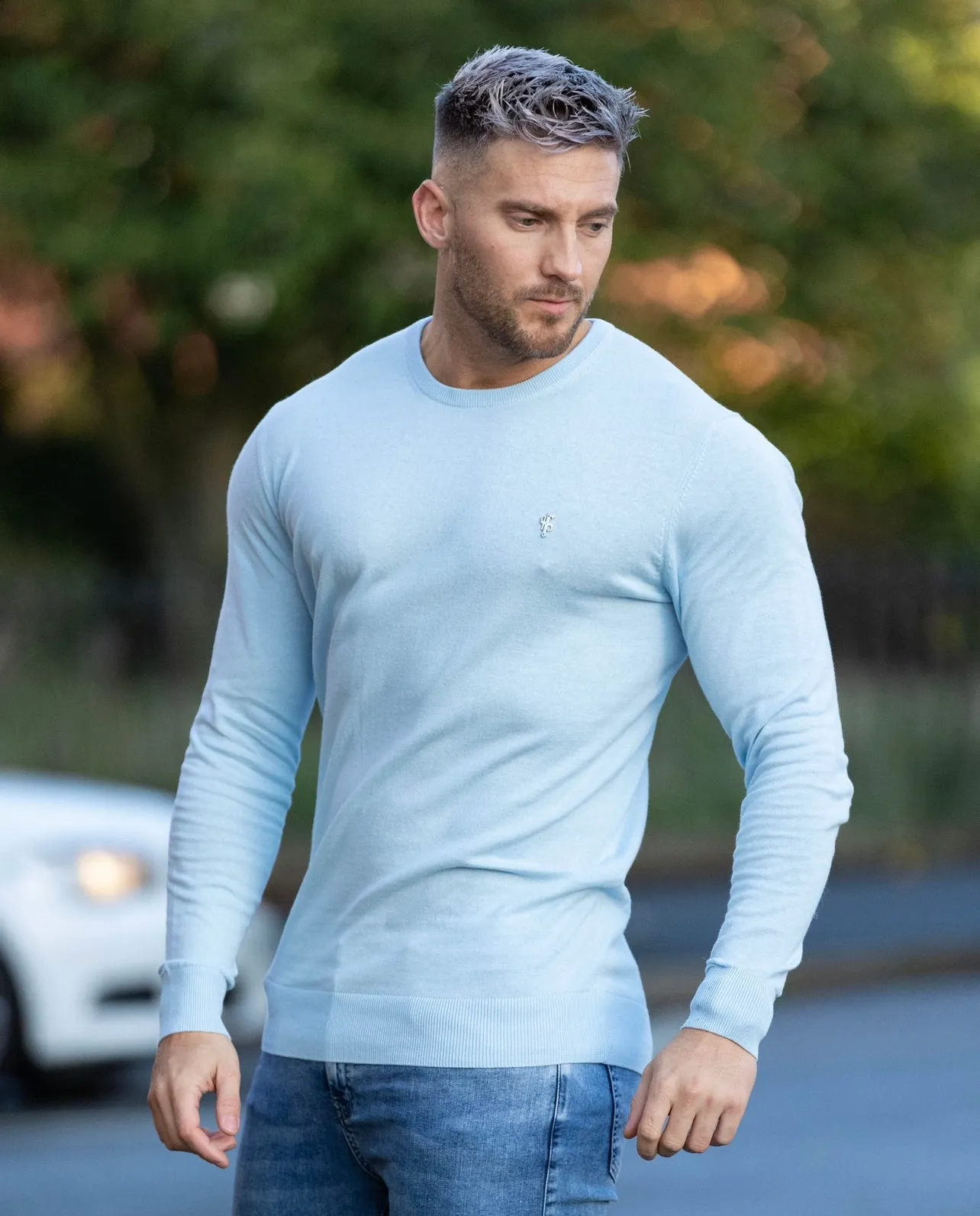 Father Sons Classic Sky Blue Light Weight Knitted Crew Neck Sweater with Metal Decal - FSN092