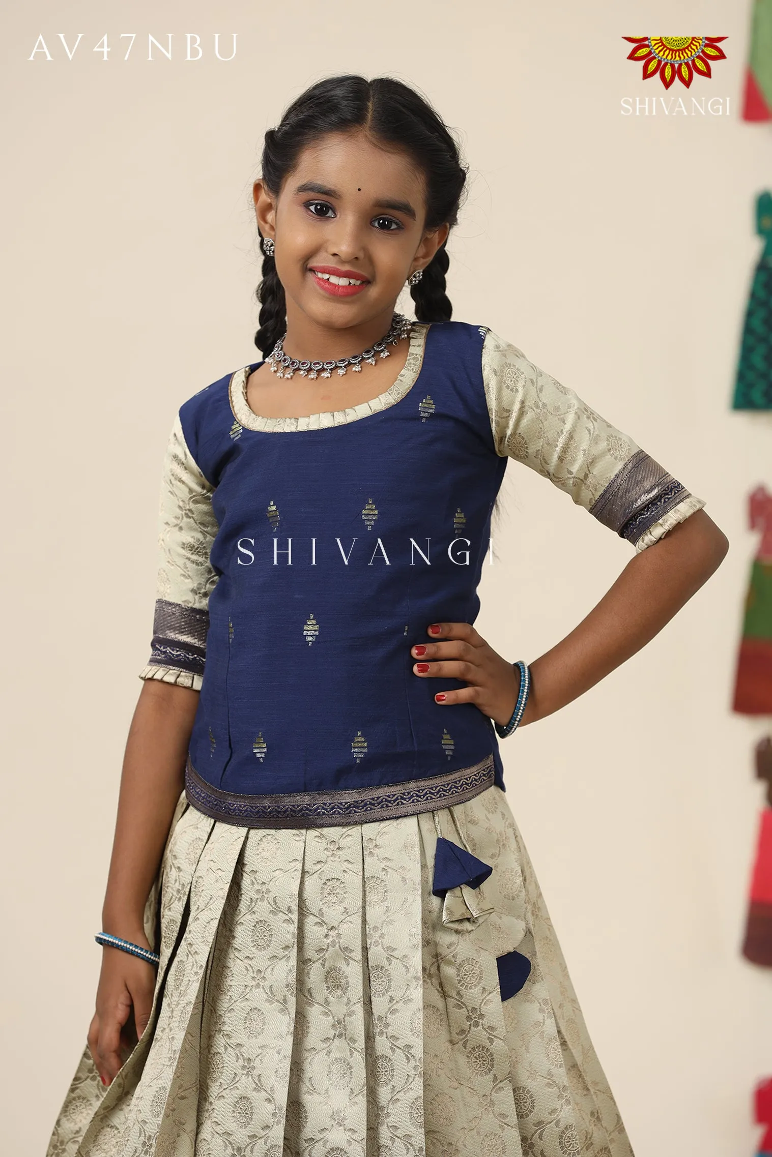 Festive Collection -Navy Blue Banaras Mughal Pattu Pavadai  For Girls !!