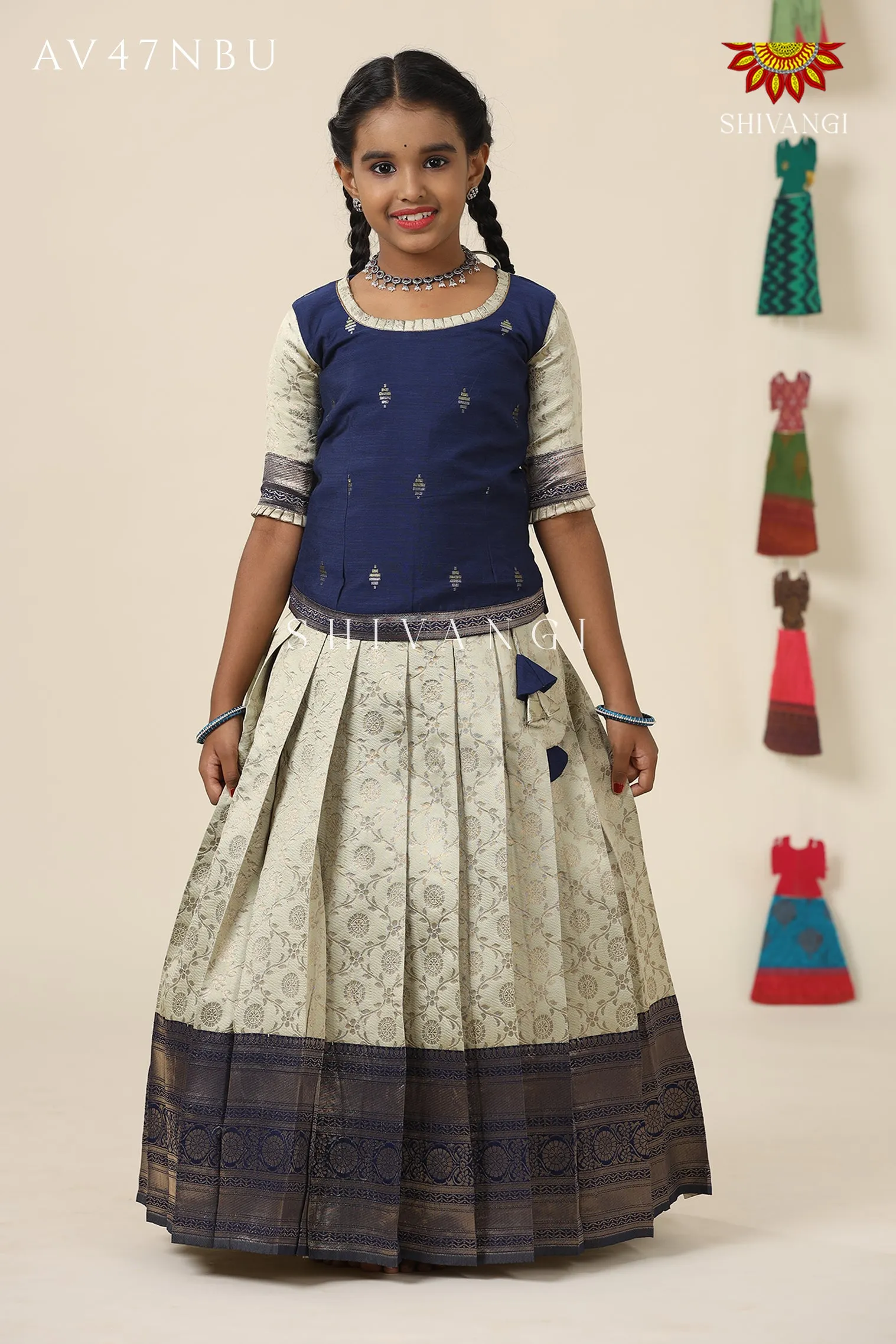 Festive Collection -Navy Blue Banaras Mughal Pattu Pavadai  For Girls !!