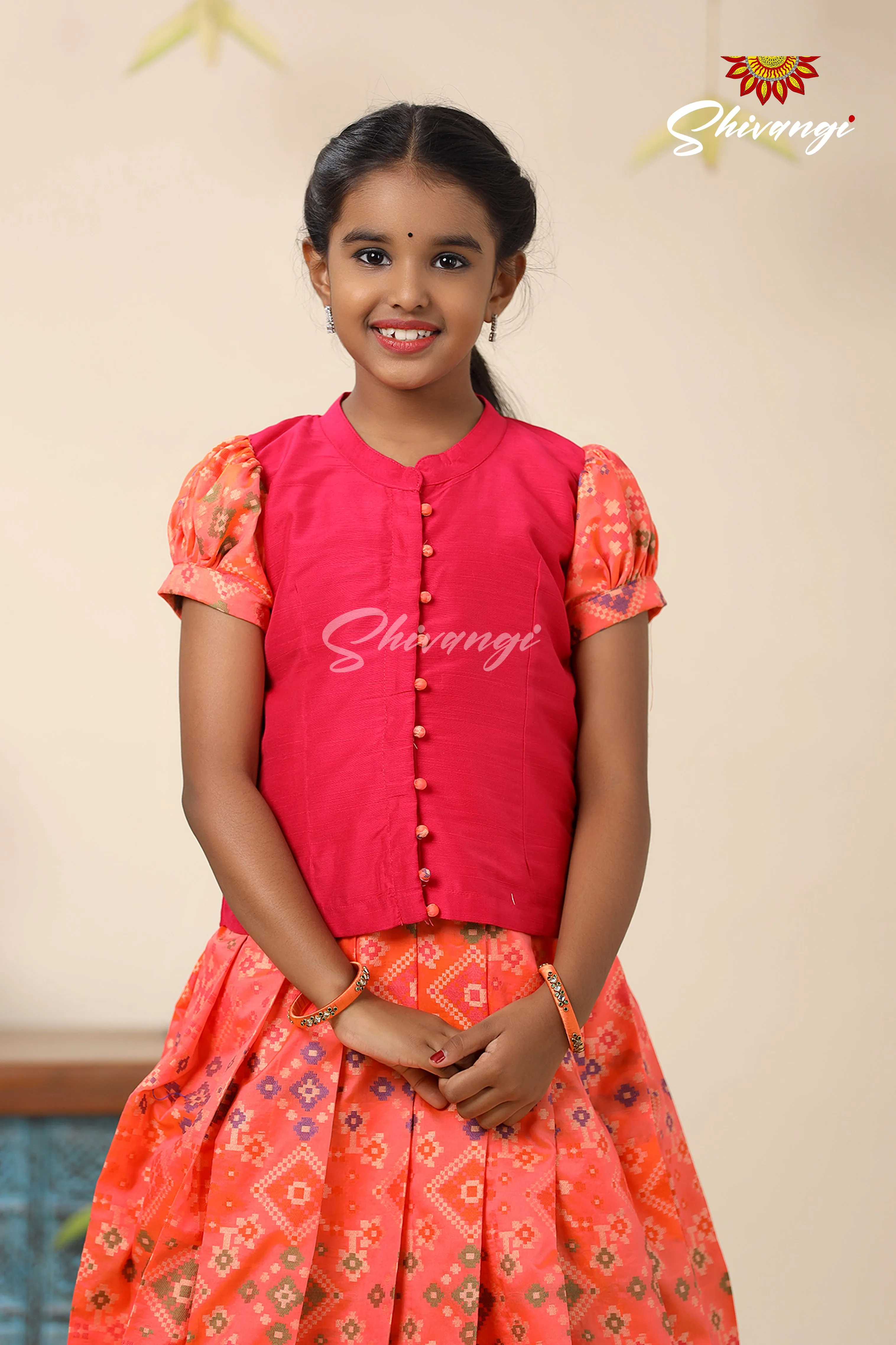 Floral Patola Orange Pattu Pavadai For Girls - Festive Wear!!!