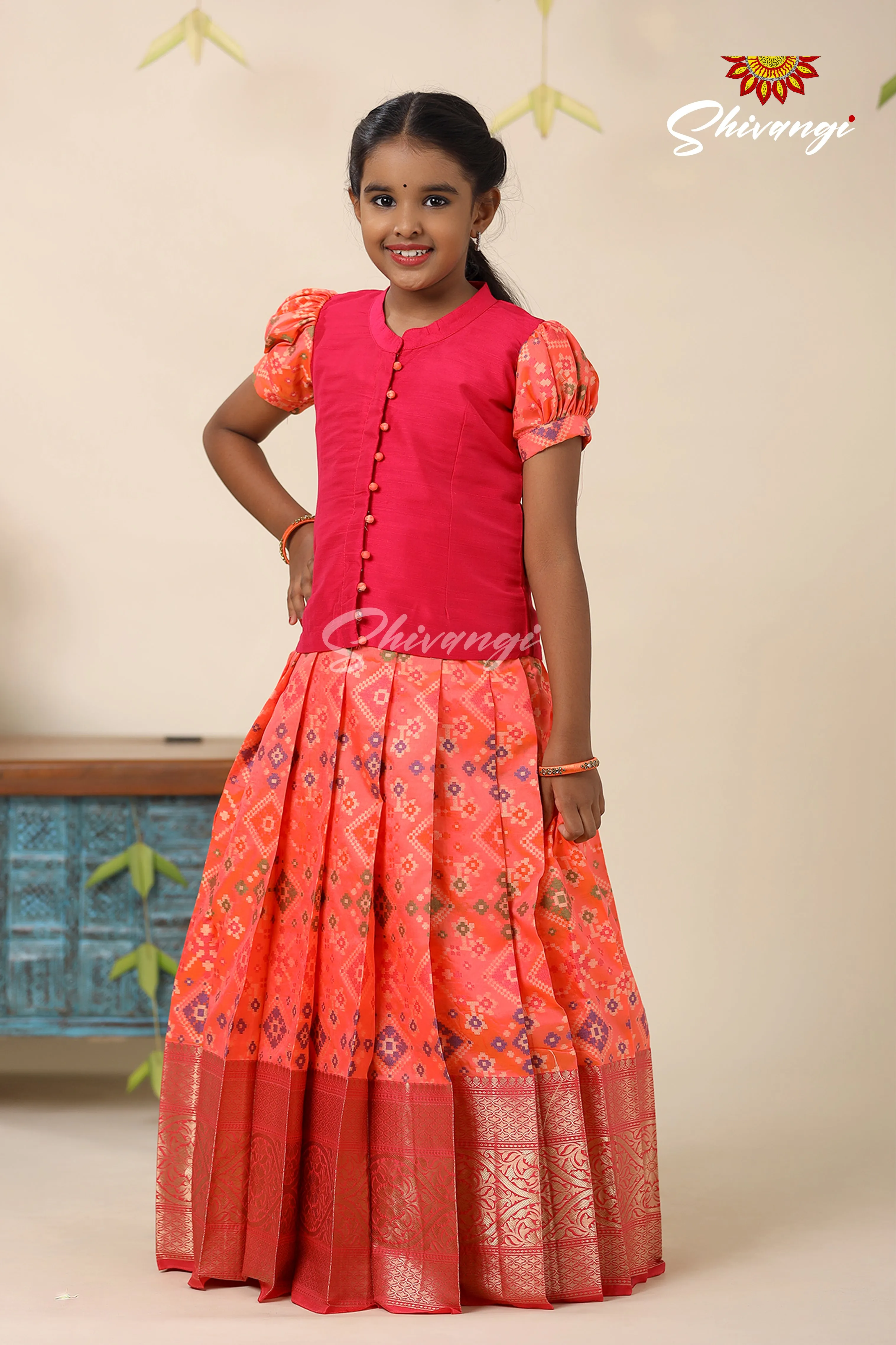 Floral Patola Orange Pattu Pavadai For Girls - Festive Wear!!!