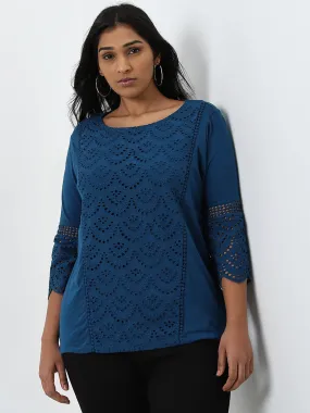 Gia Dark Blue Schiffli Design Cotton Blouse