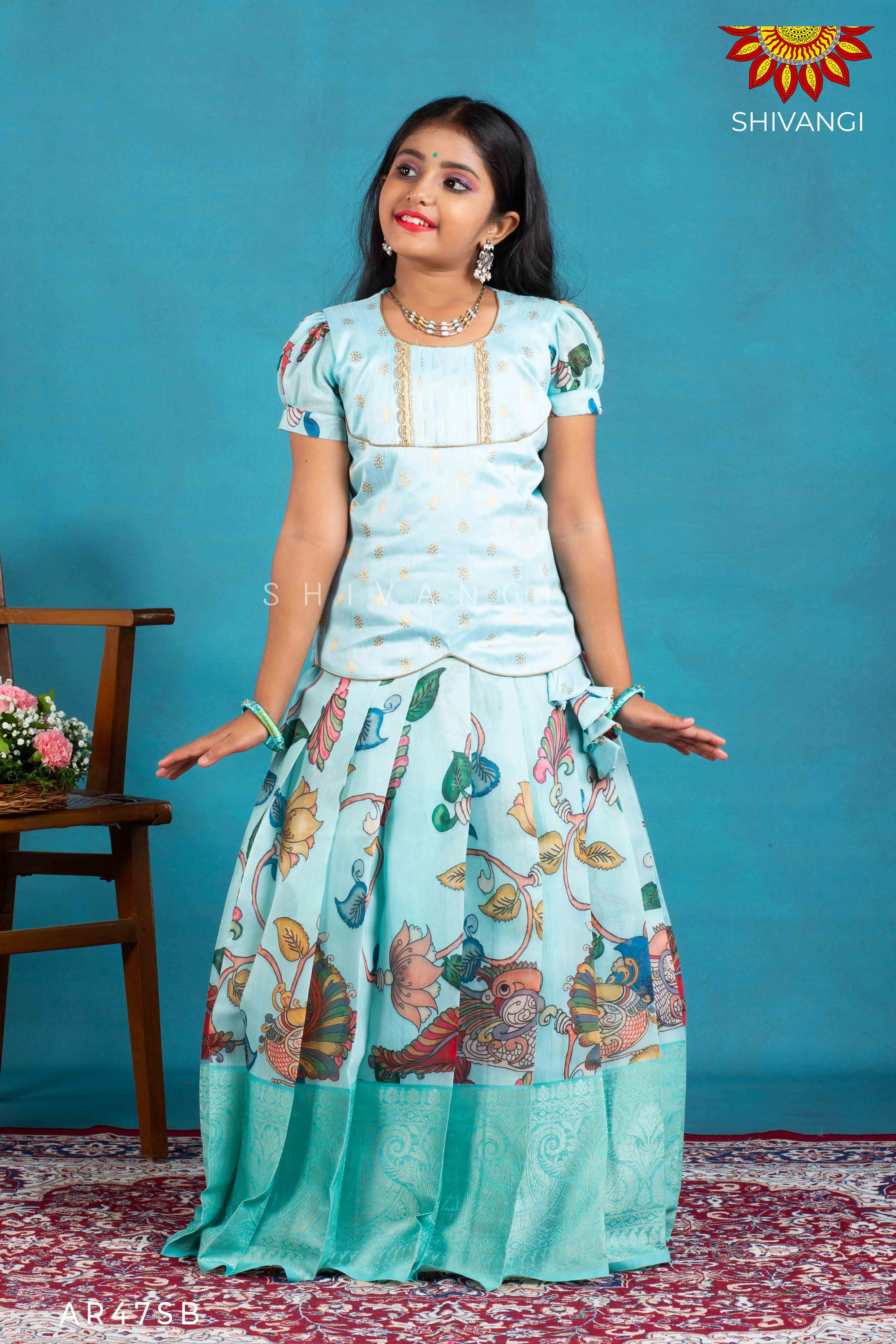 Girls Blue Cocktail Peacock Pattu Pavadai | Langa