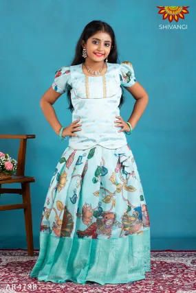 Girls Blue Cocktail Peacock Pattu Pavadai | Langa