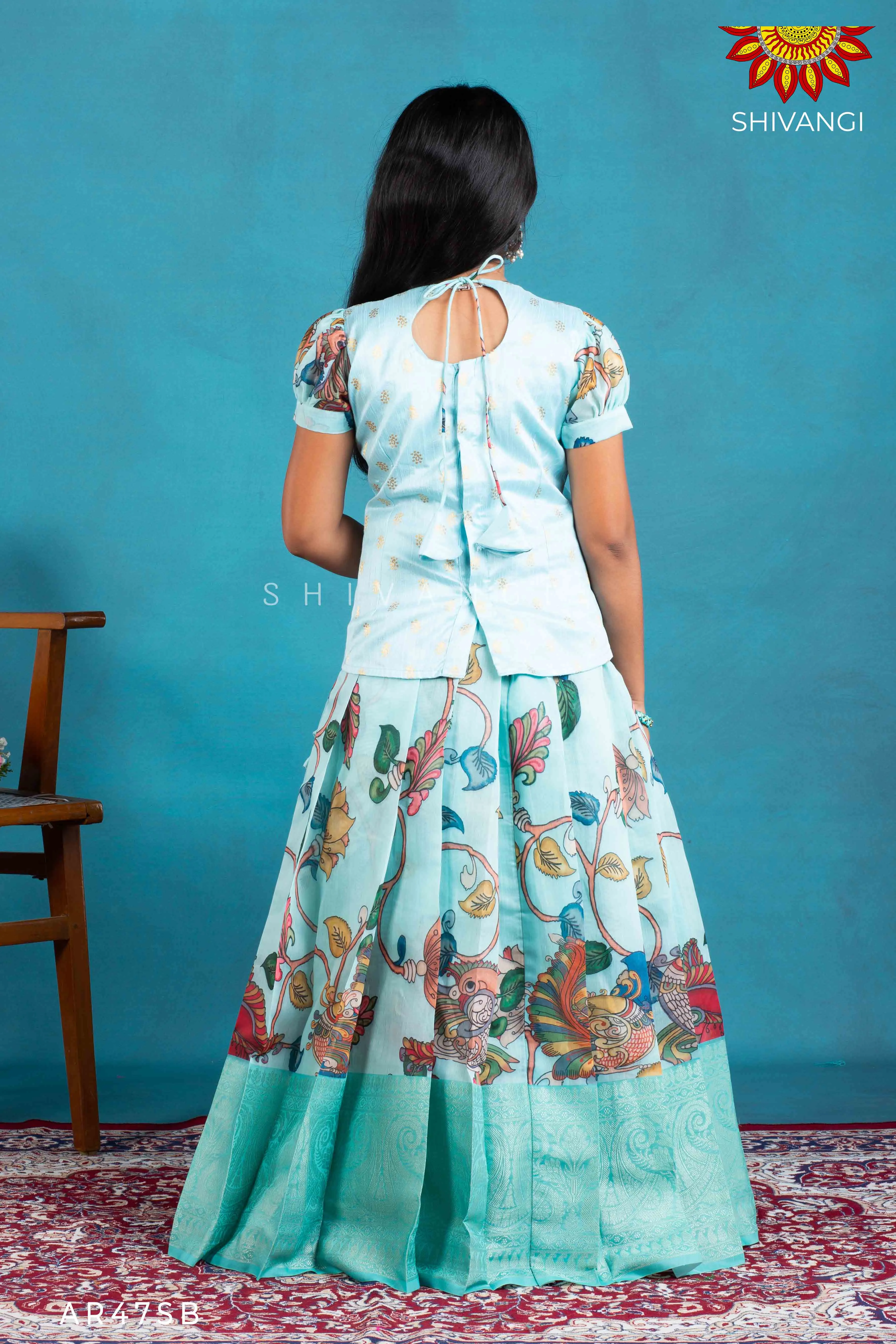 Girls Blue Cocktail Peacock Pattu Pavadai | Langa