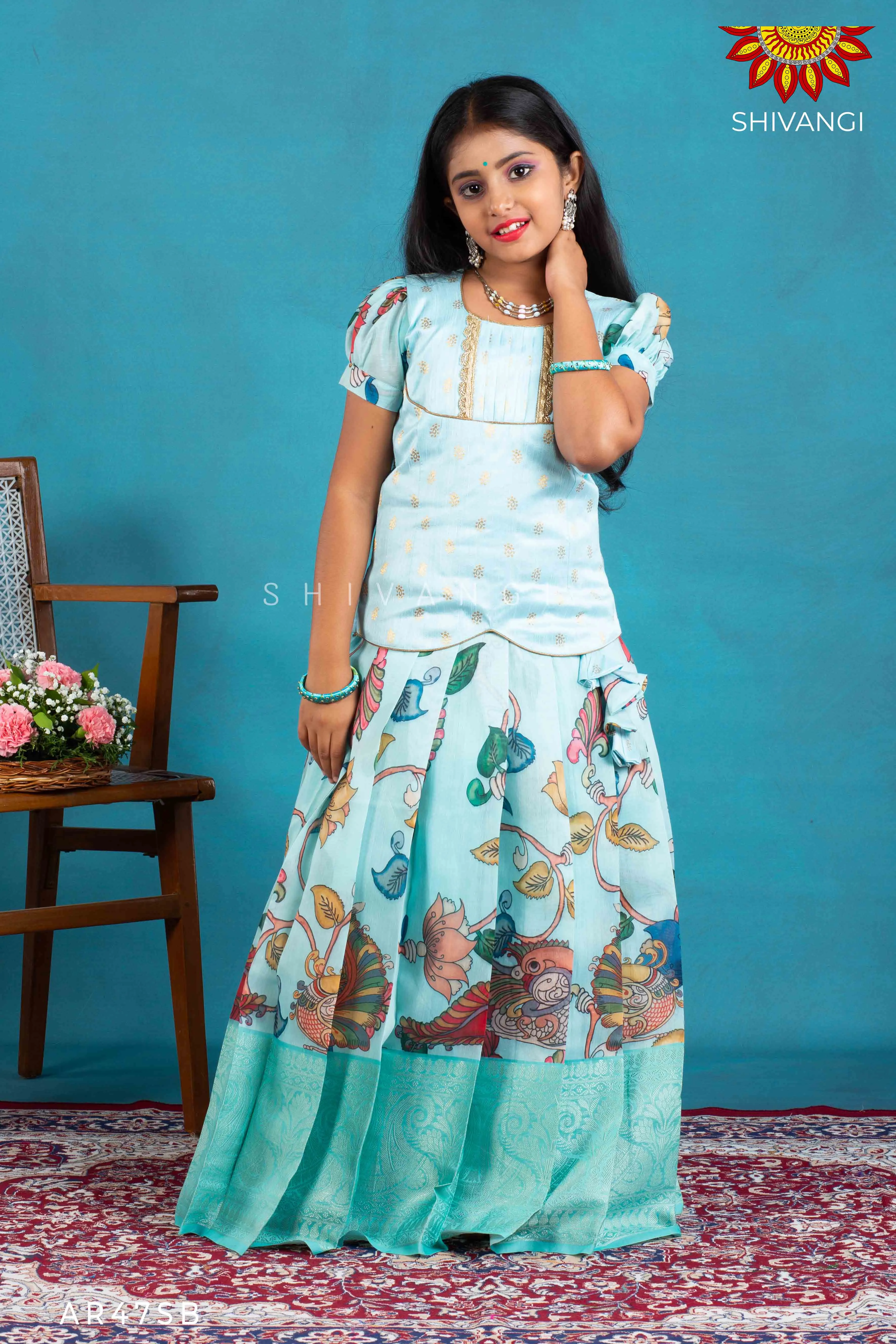 Girls Blue Cocktail Peacock Pattu Pavadai | Langa