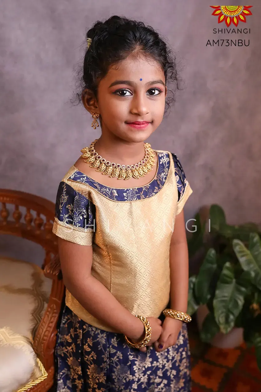 Girls Navy blue Golden Rose Bunch Pattu Pavadai