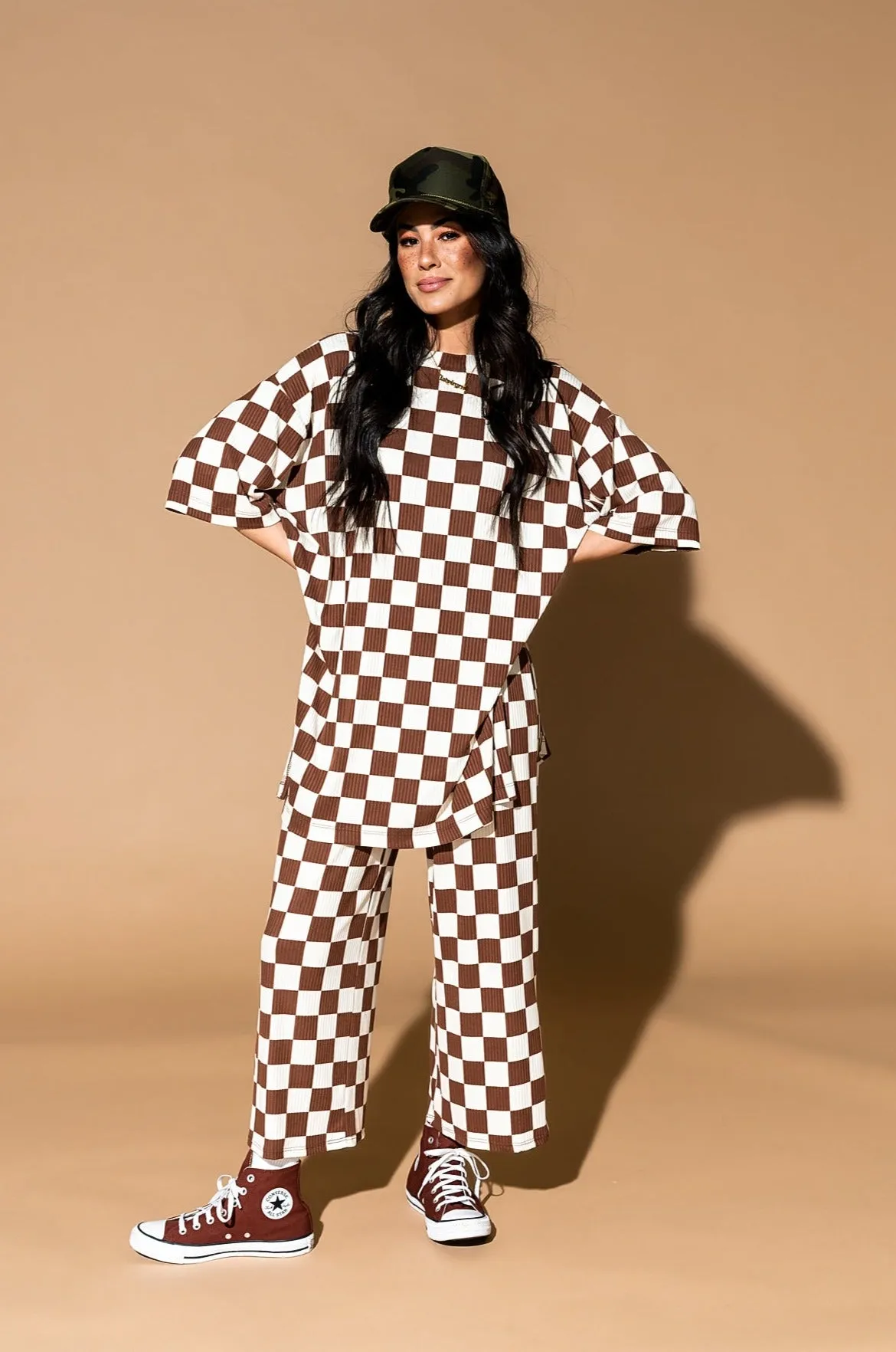 Lex Ribbed Checkerboard Playsuit in Cookie Dough *RESTOCKED*