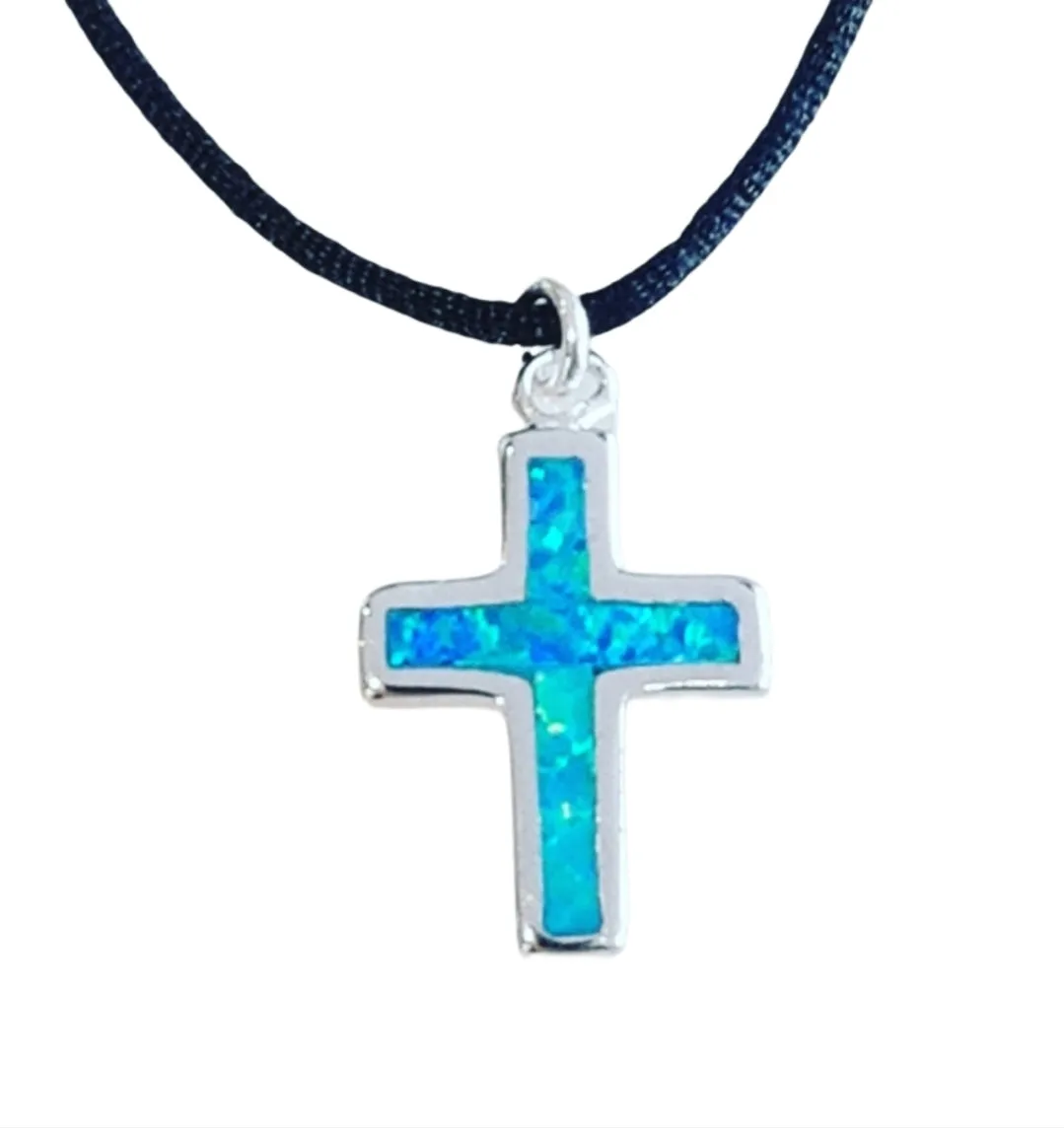 Mens Agean Blue Opal look cross necklace Silver