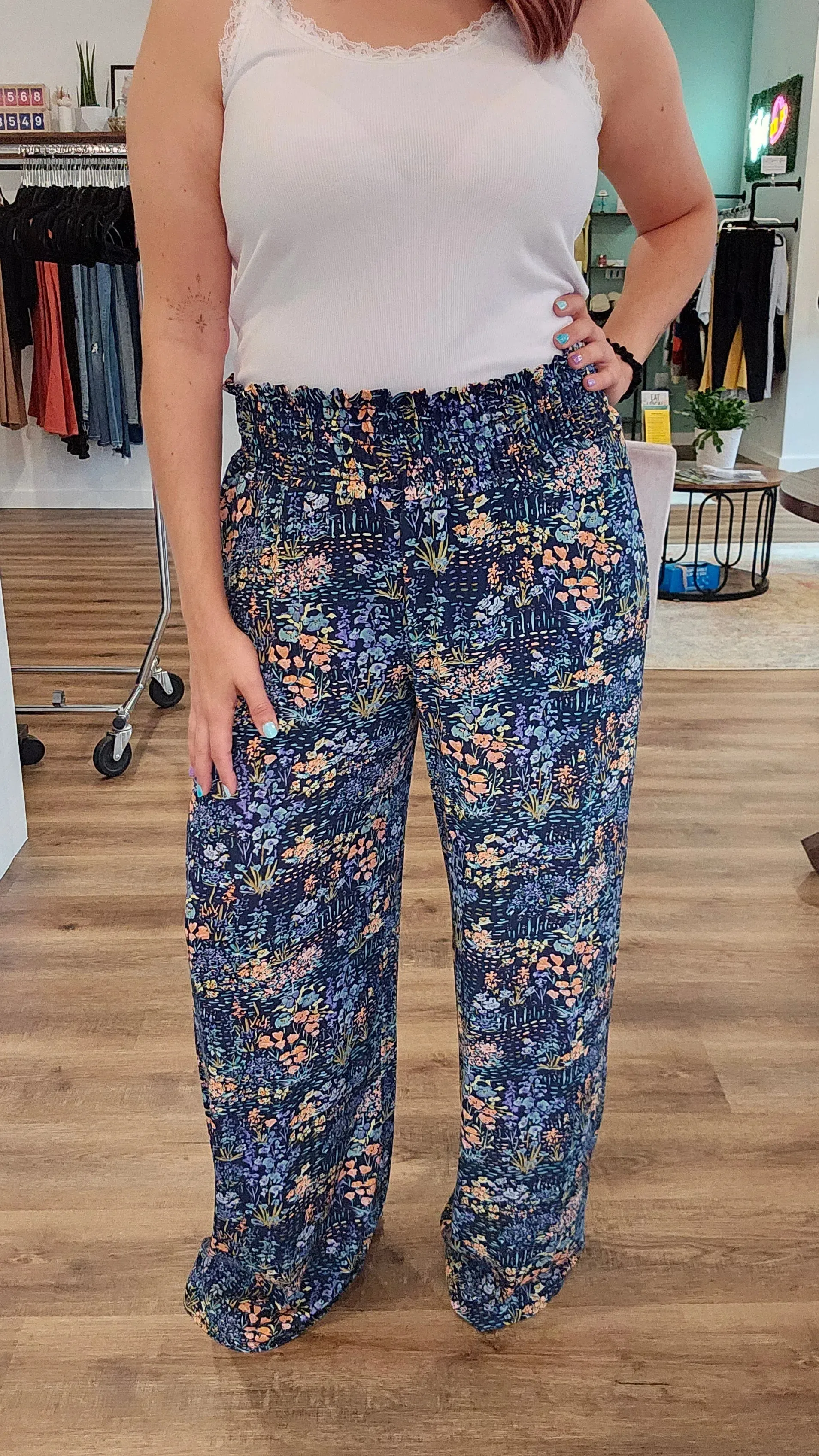 Navy Floral Smocked Palazzo Pants