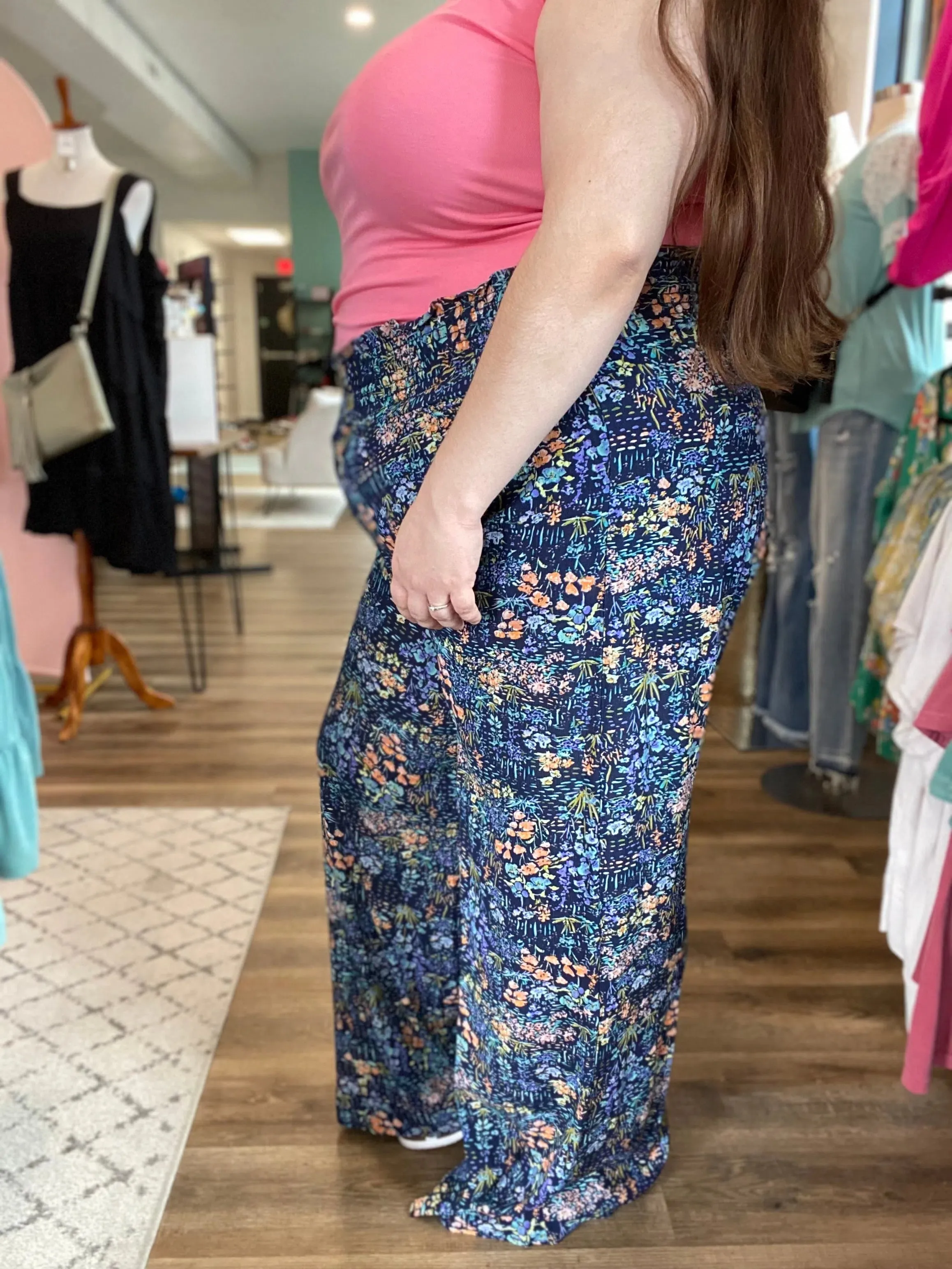 Navy Floral Smocked Palazzo Pants