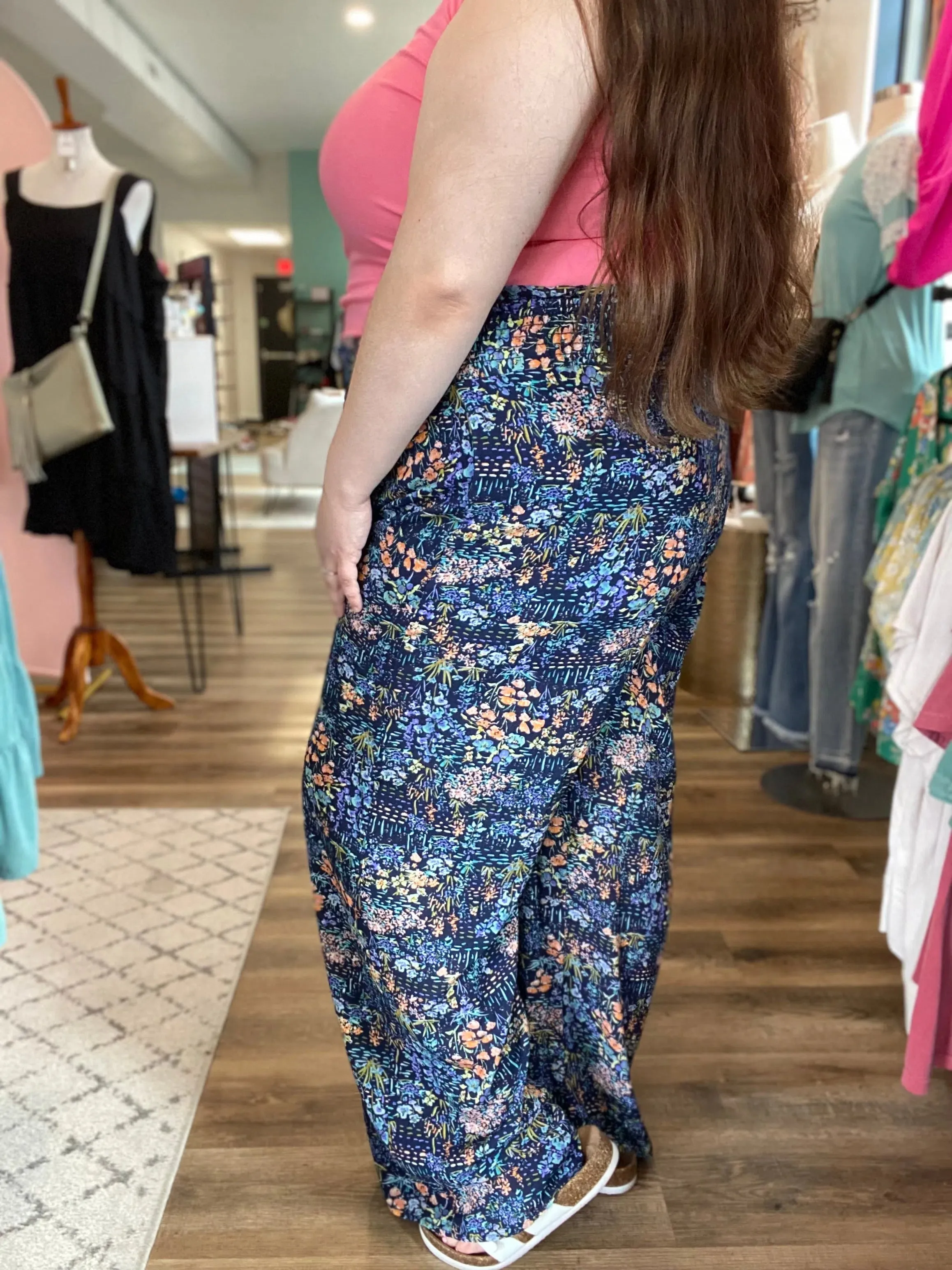 Navy Floral Smocked Palazzo Pants