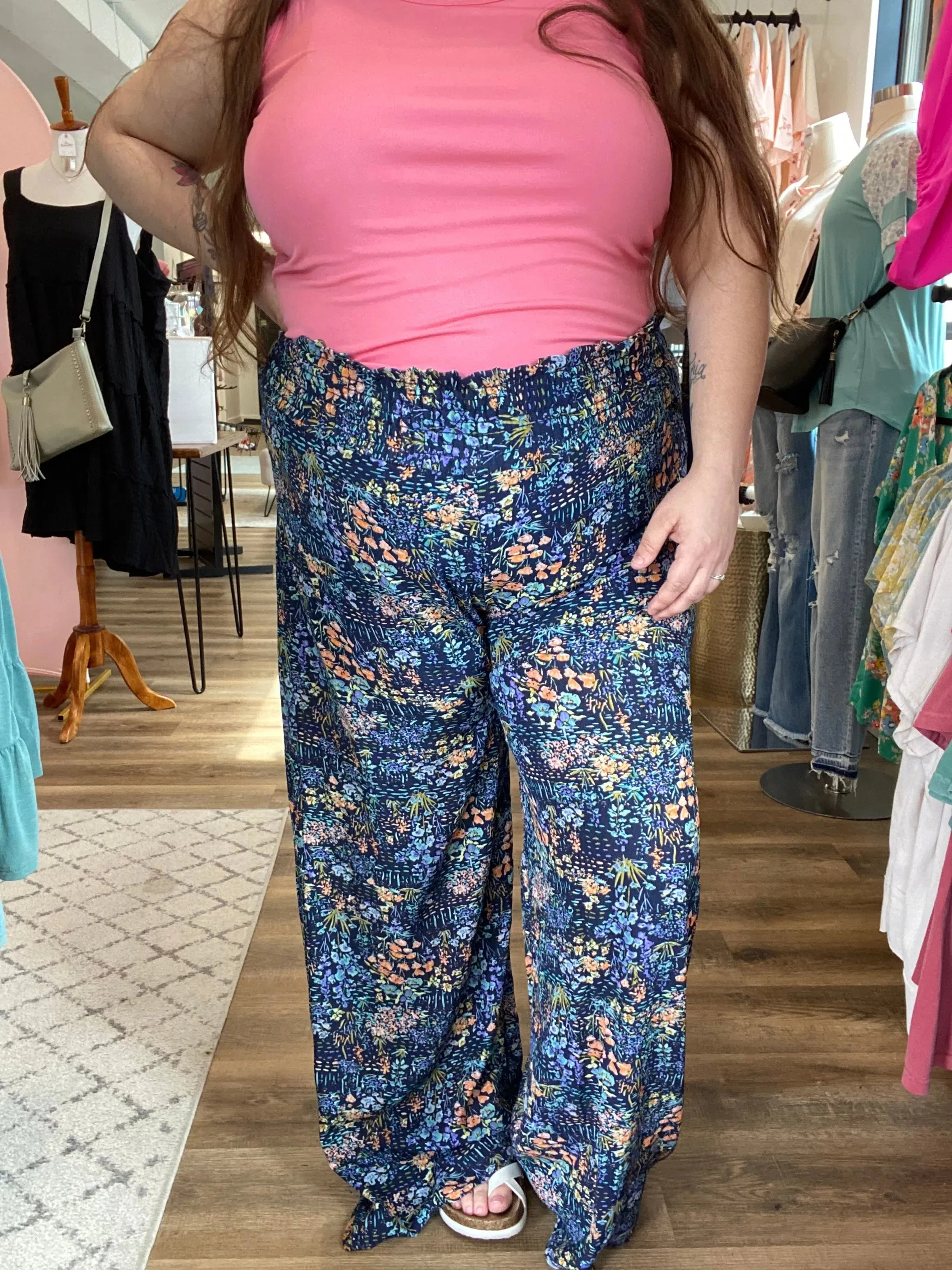 Navy Floral Smocked Palazzo Pants