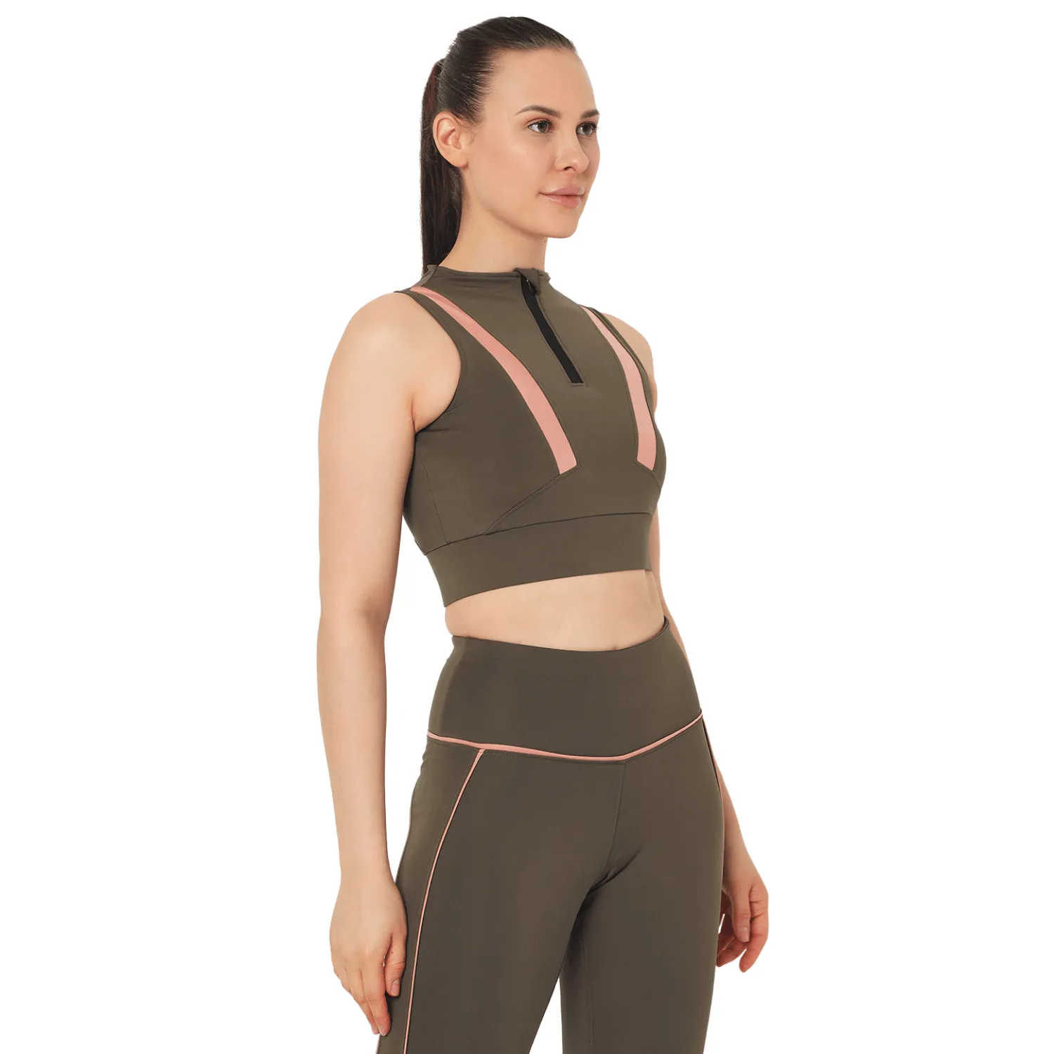 Padded Zip Front Crop Top Olive