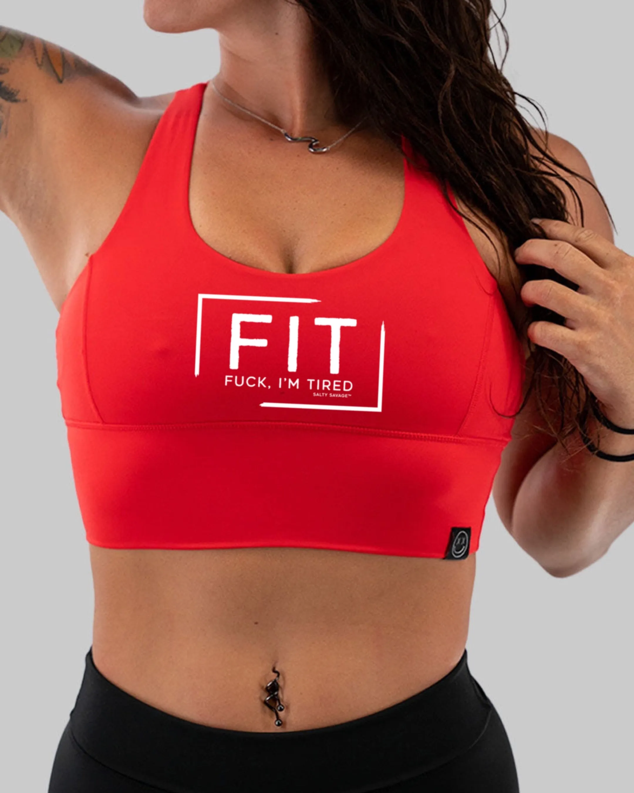 Salty Savage Ladies "FIT Fuck, I’m Tired" X Back Longlne Sports Bra | Cocoa Beach Performance