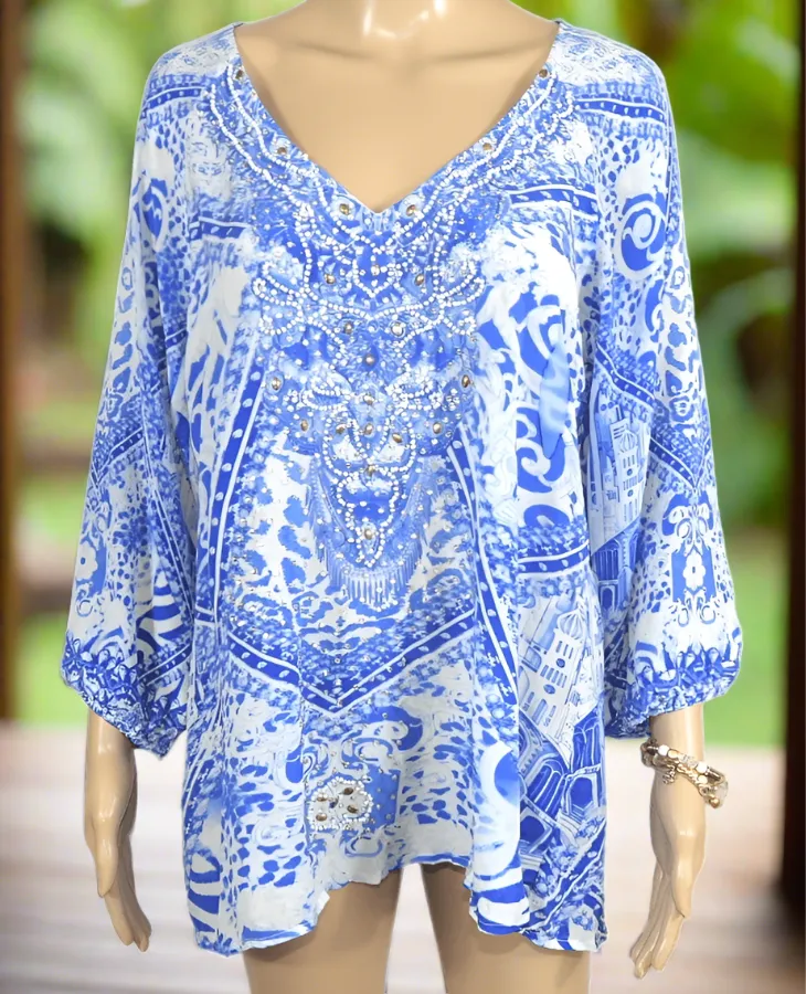 Silk Embellished Gypsy Top -Lima Blue-Fashion Spectrum