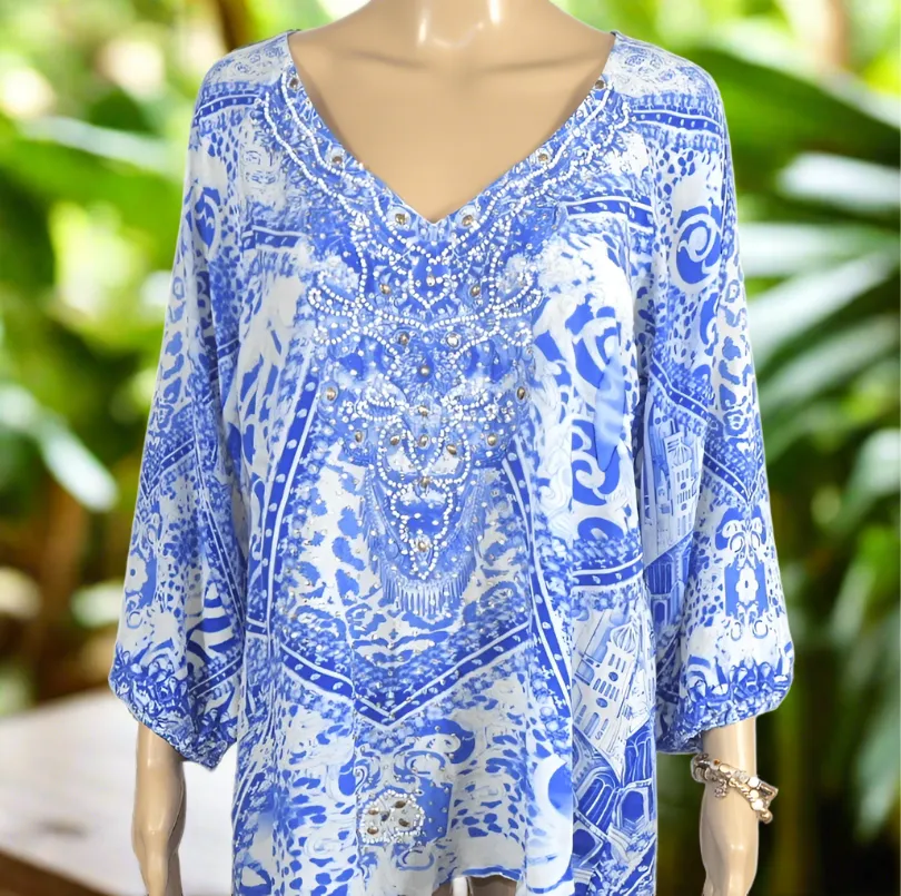 Silk Embellished Gypsy Top -Lima Blue-Fashion Spectrum